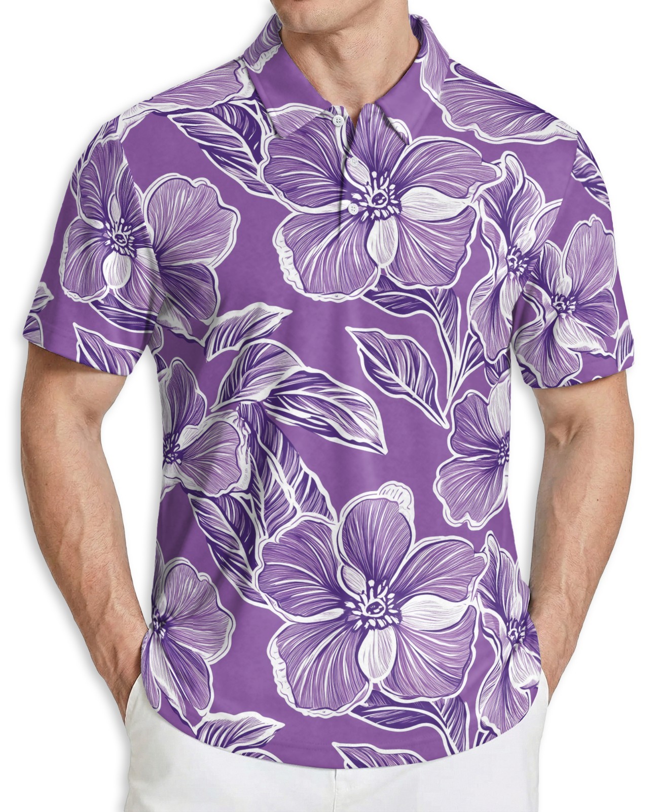 Men’s Polo Shirt Purple Hibiscus Floral Golf Shirt Gift for Flower Lovers