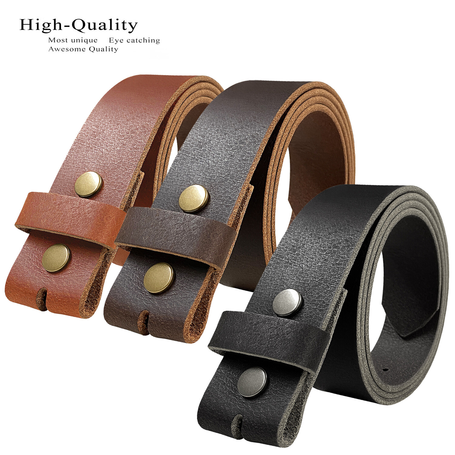 Big and Tall One Piece Full Grain Leather Belt Strap with Snaps Up to size 60″