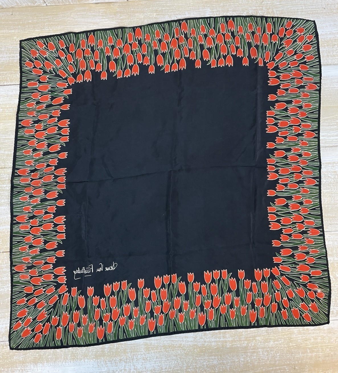 Diane Von Furstenburg Silk Scarf Black W/ Red Tulips Border *read