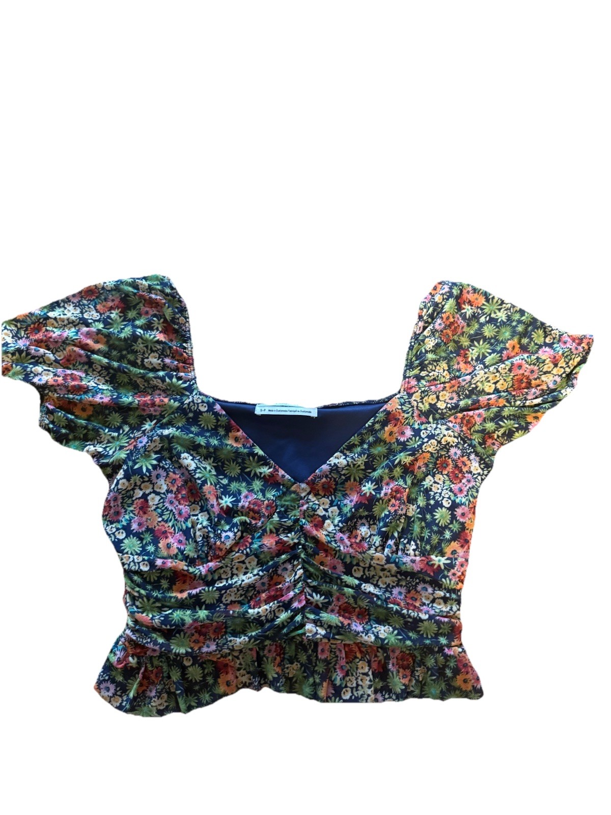 Small Urban Outfitters Ditsy Floral Baby Doll Crop With Ruching And Mesh Overlay