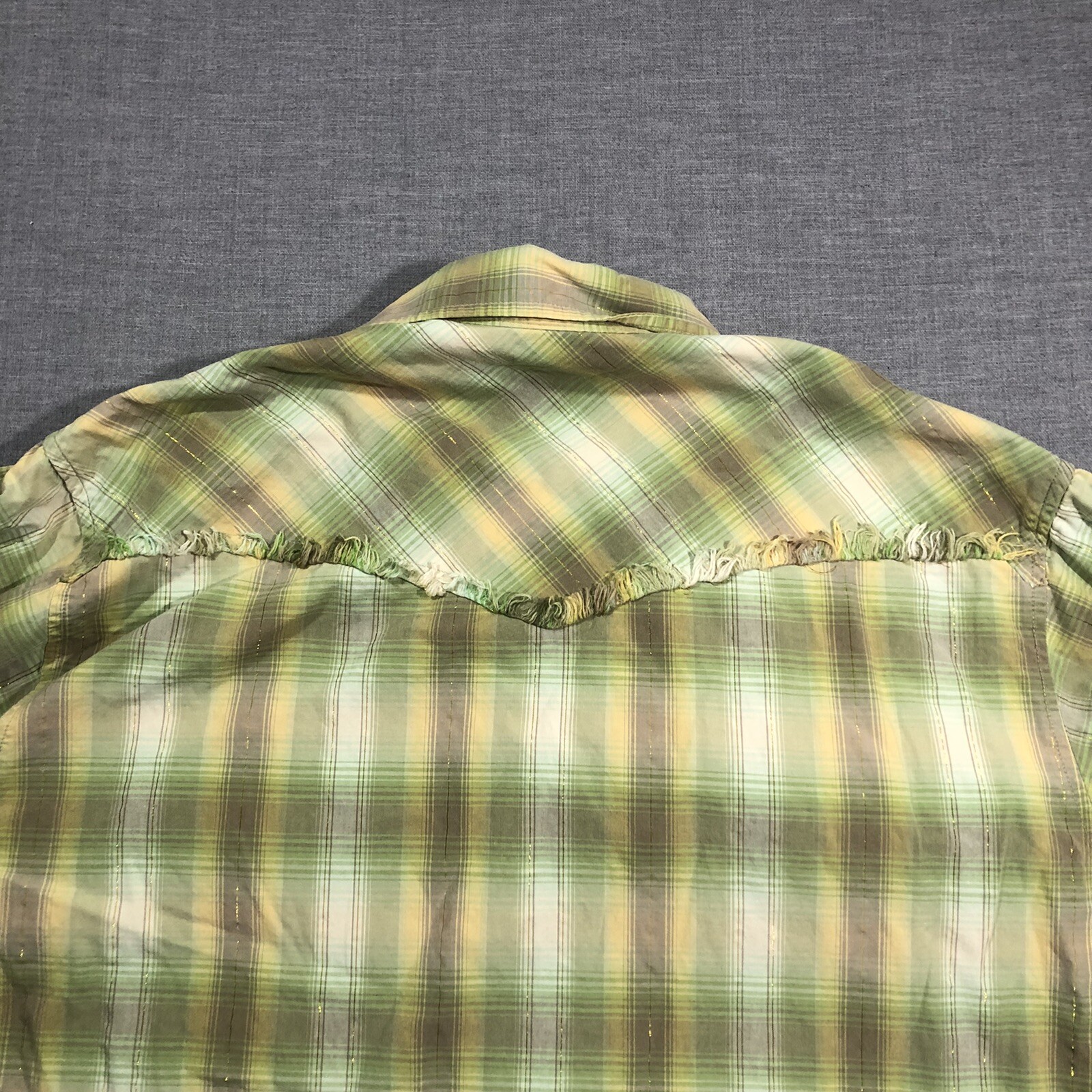 Roper Shirt Mens Large Green Plaid Pearl Snap Western Distressed Fringe Metallic