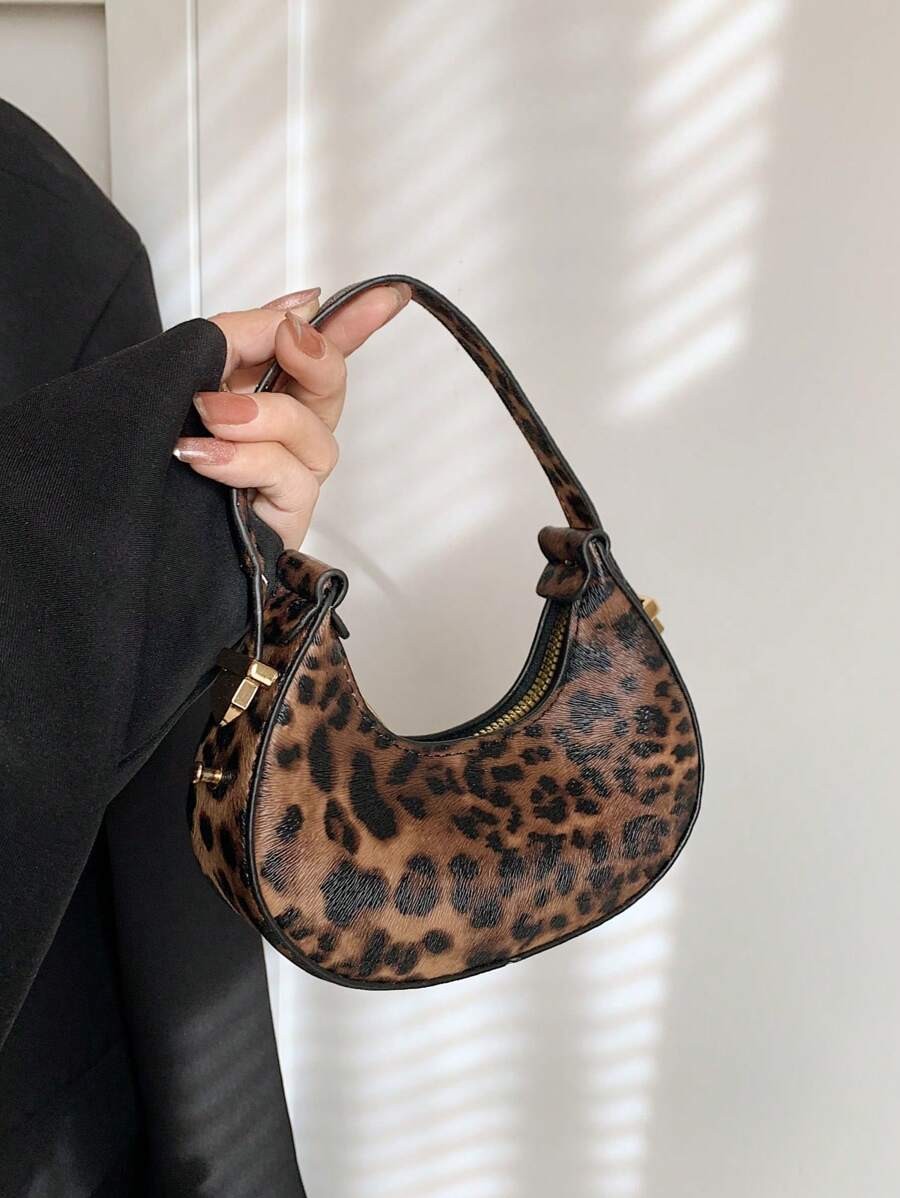 Leopard Print Mini Hobo Bag Half Moon Shoulder Purse Women Fall Winter New