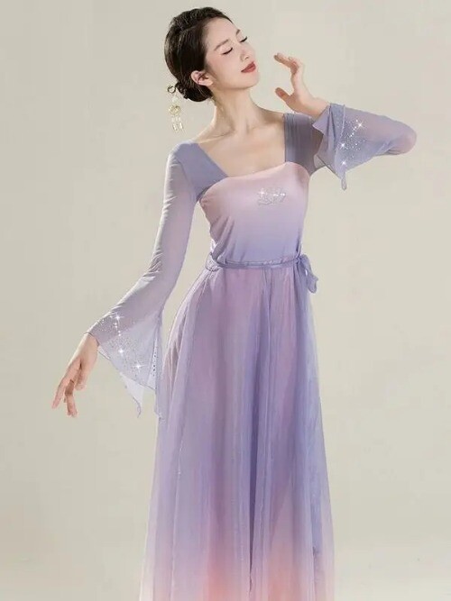 Classical Dance Costume for Women Han Tang Dynasty Showcasing Elegant Mesh Dress