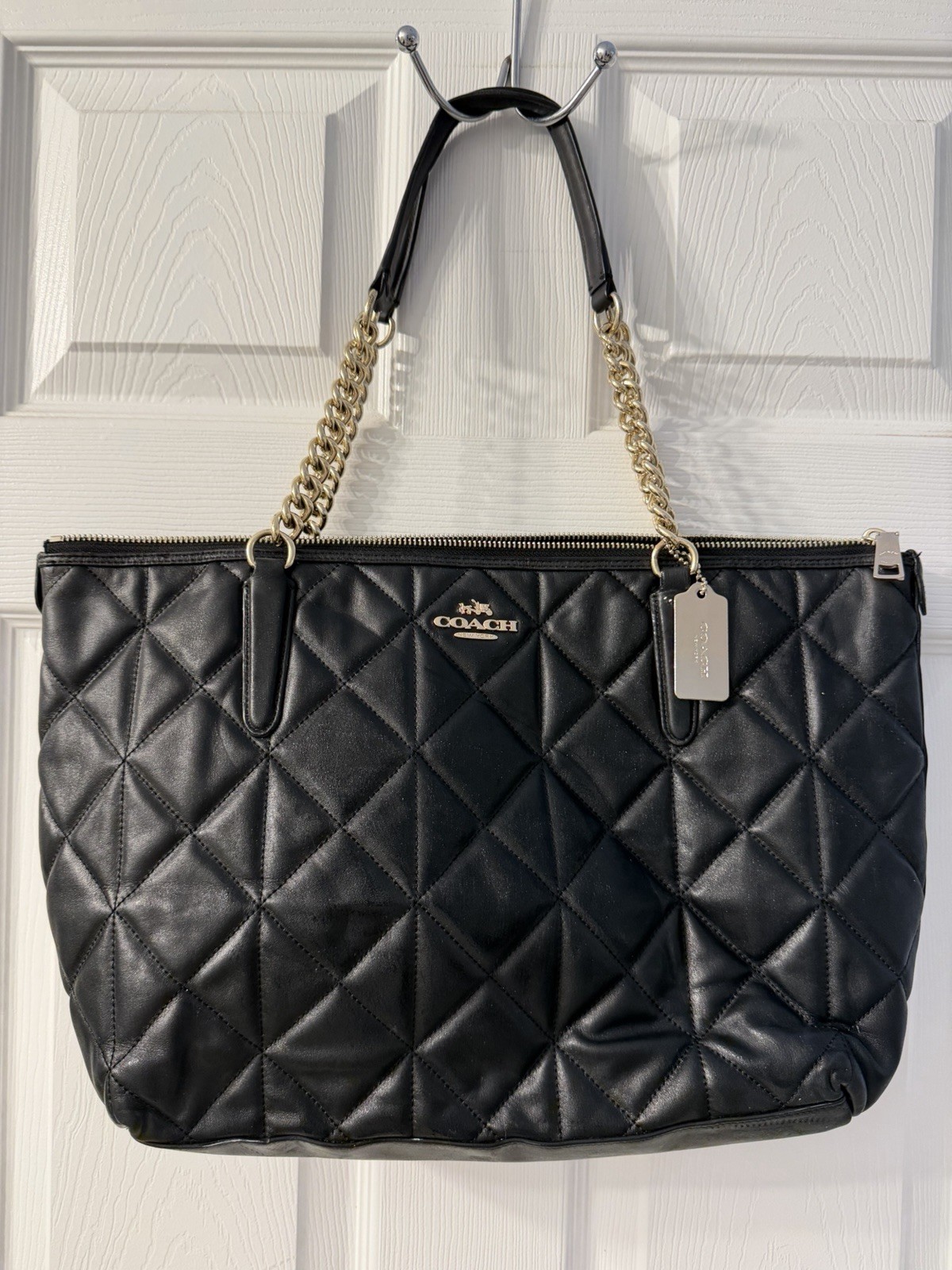 Coach Ava Chain Tote Bag Quilted Leather Black Gold Logo Chic Quiet Luxury