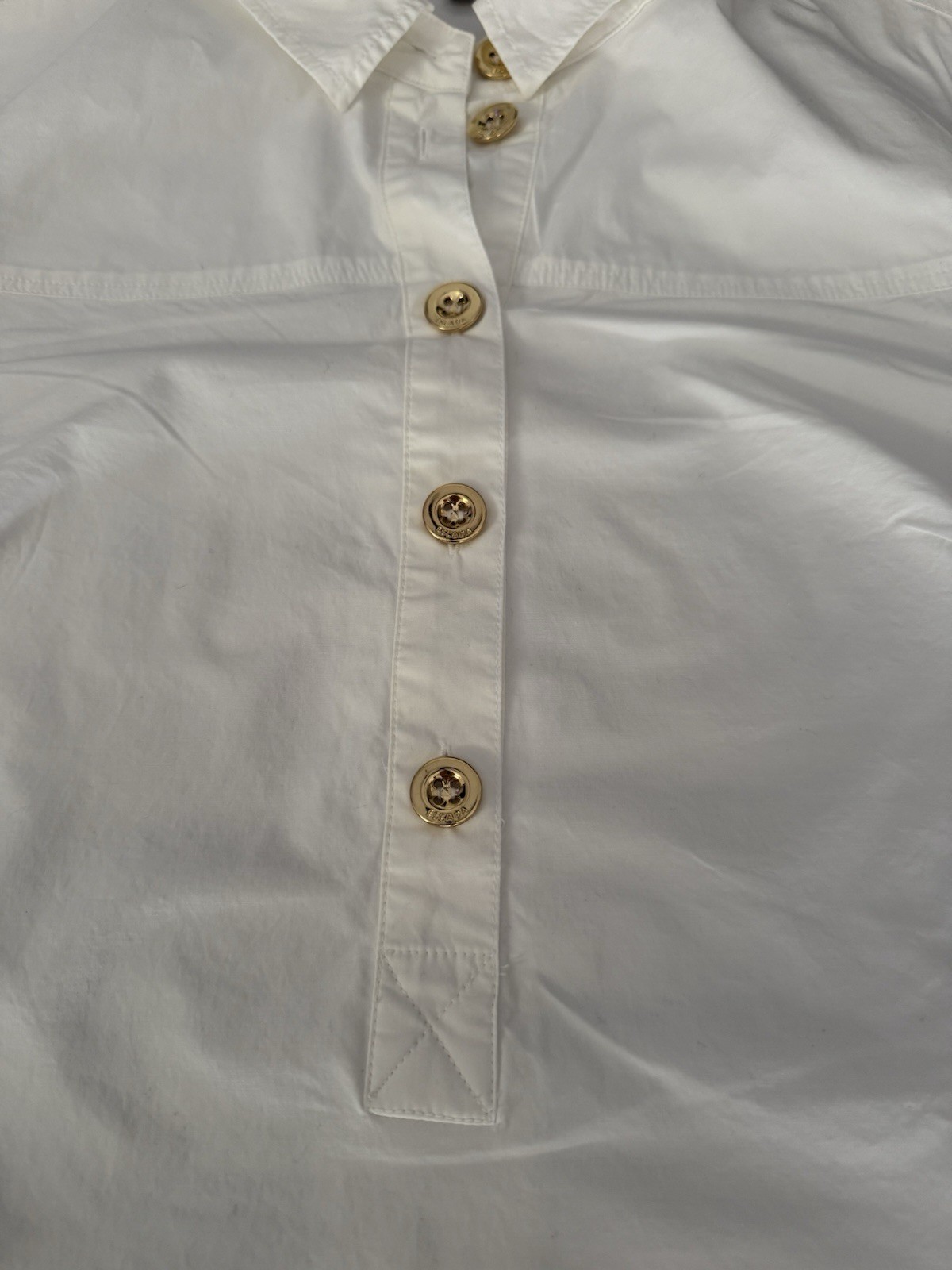 ESCADA White Tunic Blouse Gold Logo Buttons Roll Tab Sleeve Size 38 EU
