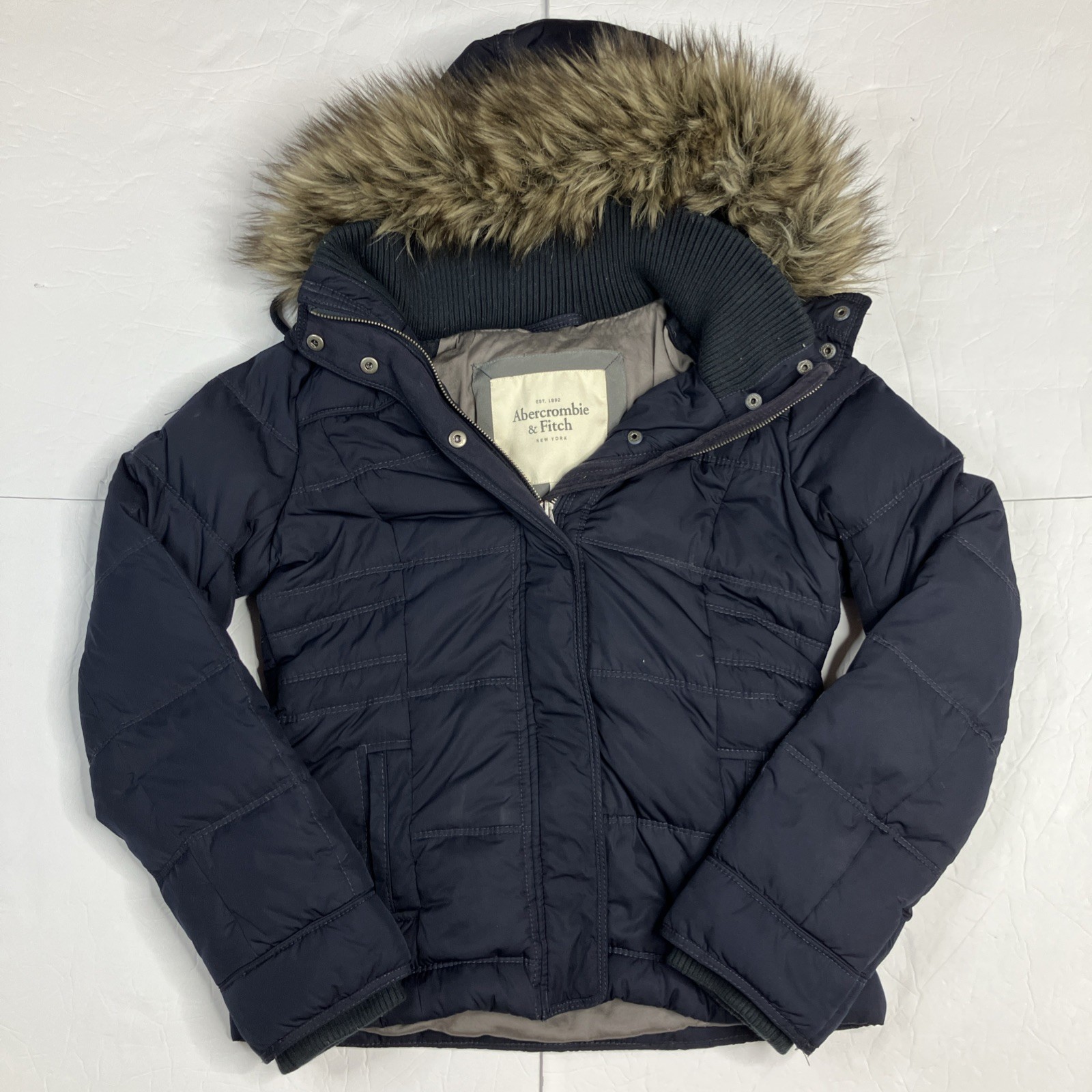 Vintage Y2K Abercrombie and Fitch Fur Trim Bomber Blue Puffer Jacket Preppy