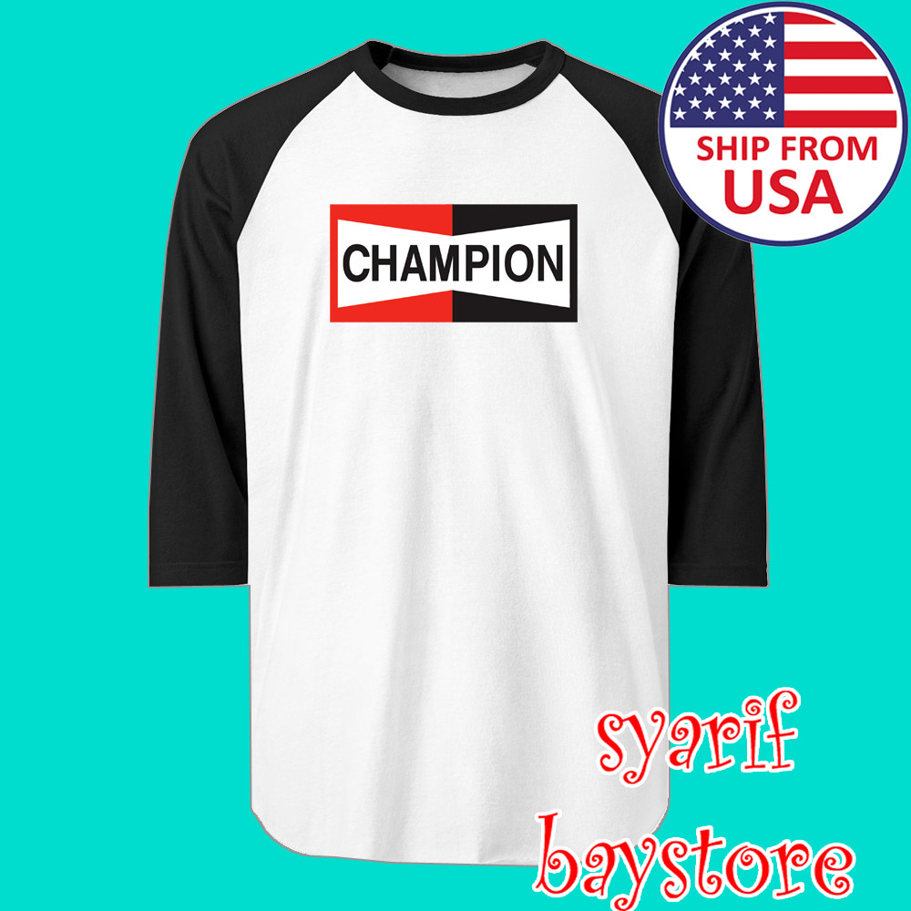 Champion Spark Plug Men’s Raglan White Black Size S to 2XL