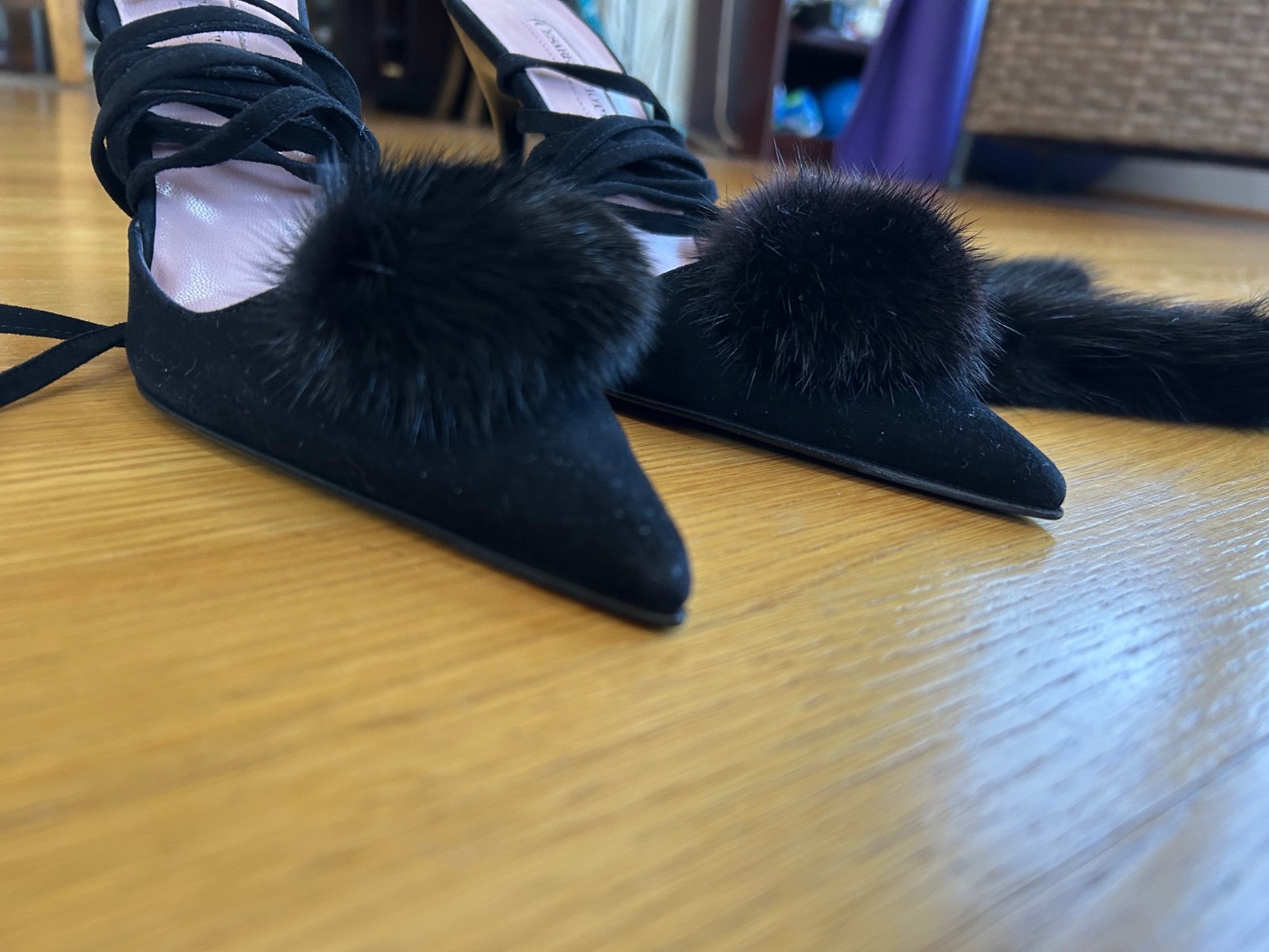 CESARE PACIOTTI Black Suede Pom-Pom Fur Tassels Sandals SZ 7.5 IT 37.5 Excellent