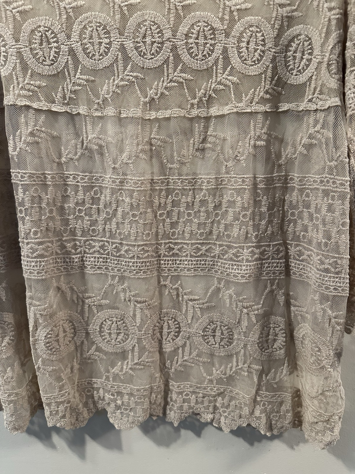 Woman Lace Top Semi Sheer Taupe Round Neck Size XL