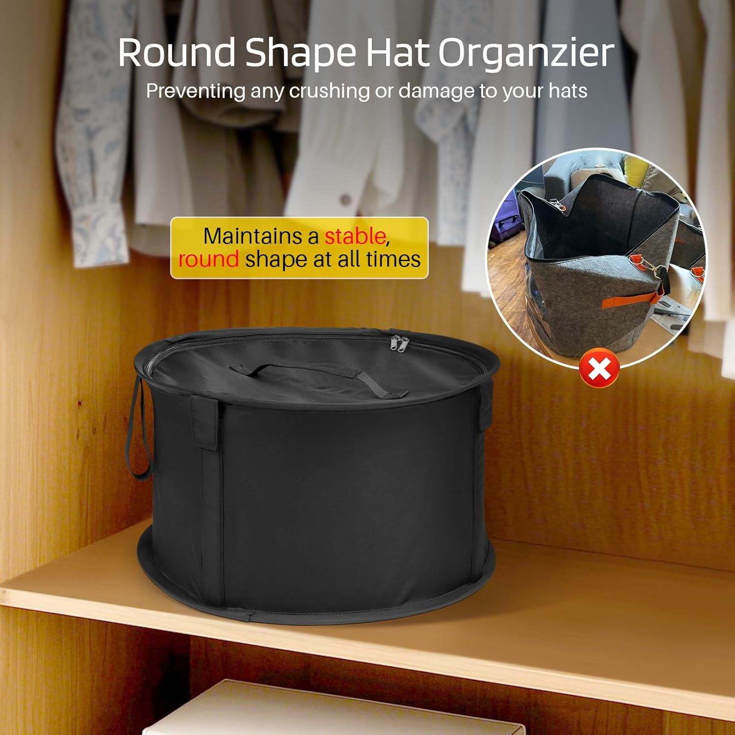 Black Large Modern Hat Box for Storage, Stackable Hat Organizer Case for Cowboy