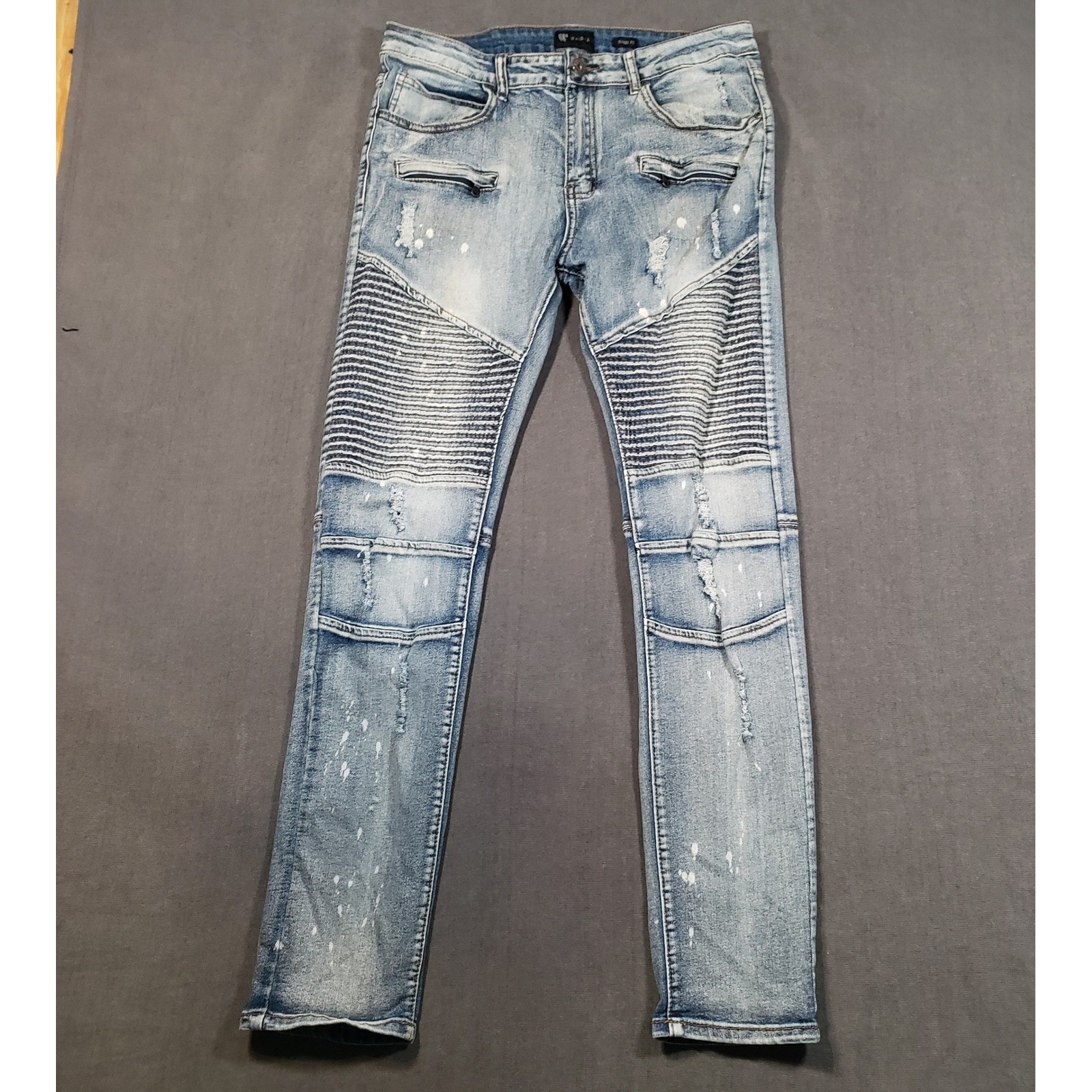 Waimea Moto Skinny Jeans Mens 34×32 Light Blue Distressed Paint Splatter Biker