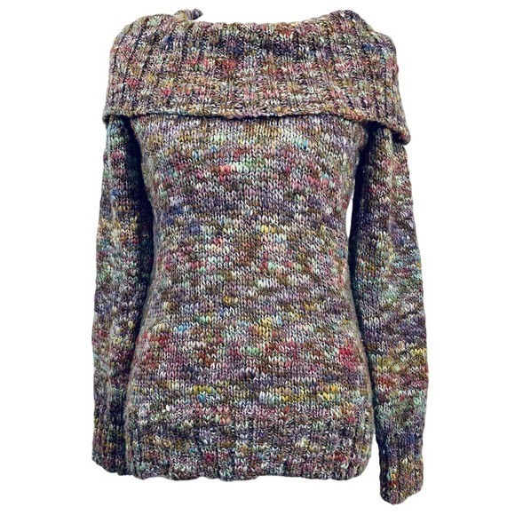 Susan Bristol Multi Color Wool Blend Off Shoulder Chunky Knit Sweater Medium