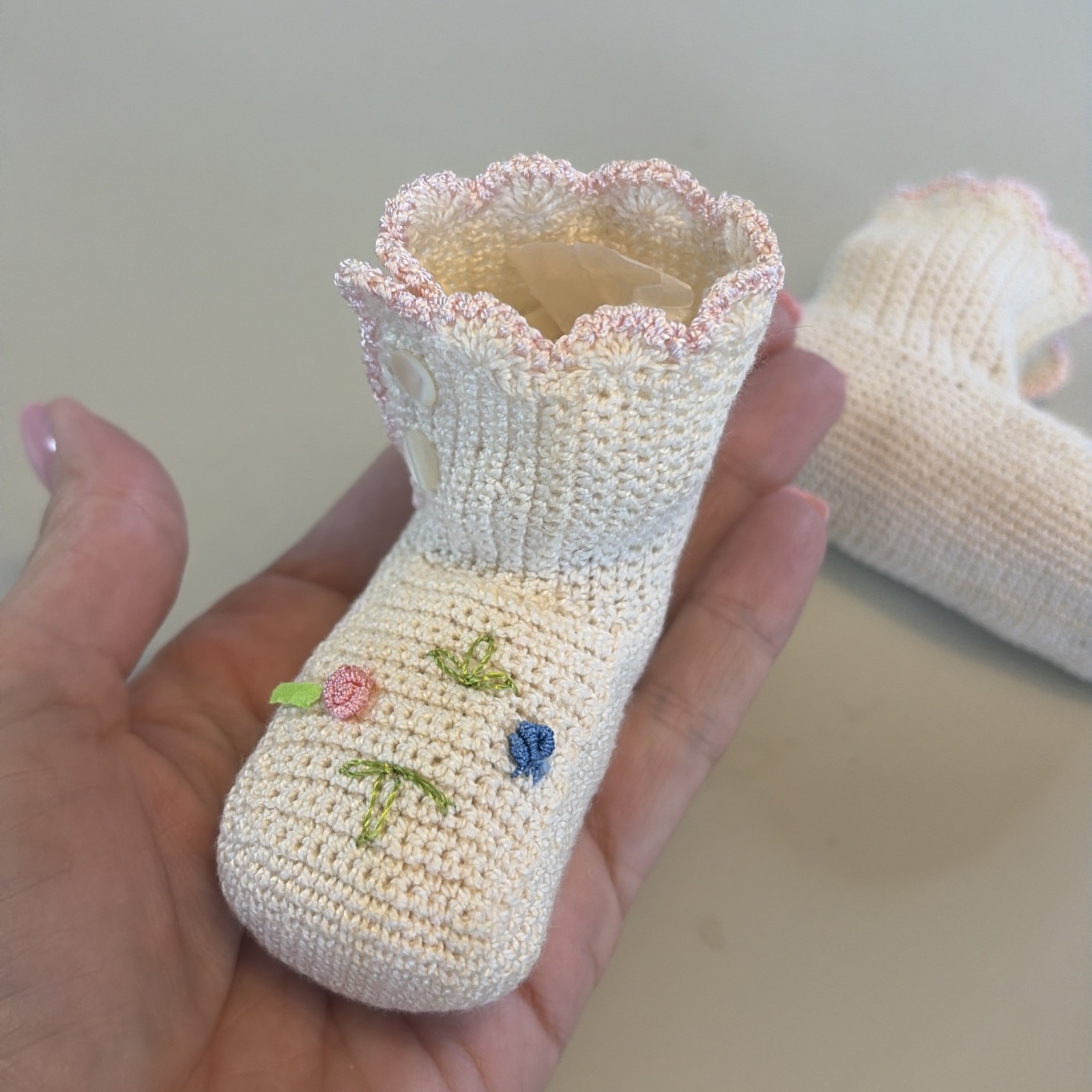 Vintage Hand Crocheted Ivory Pink Blue Flower Infant Booties