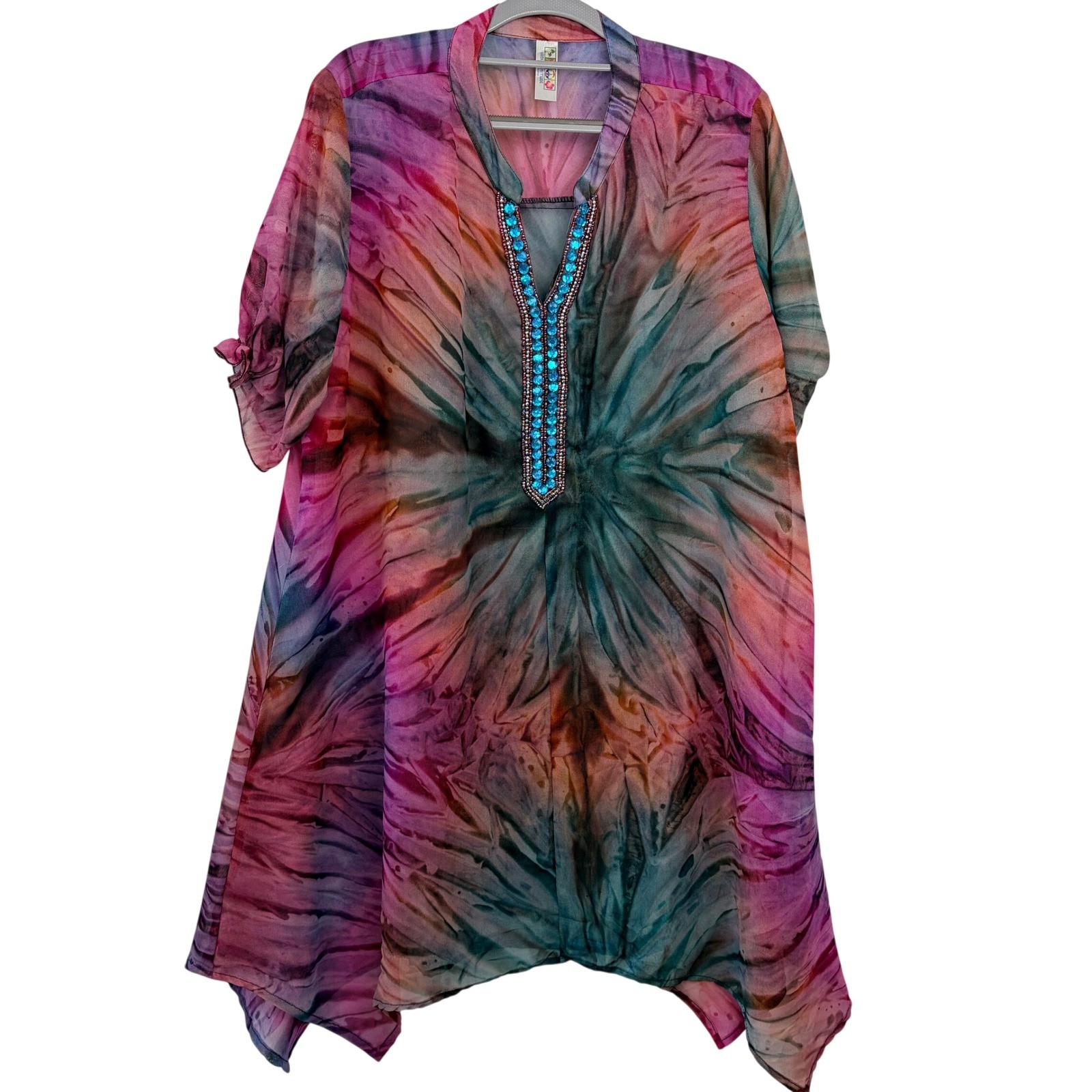 India Boutique Tie Dye Beaded Kaftan Tunic Top Free Size Multicolor Boho