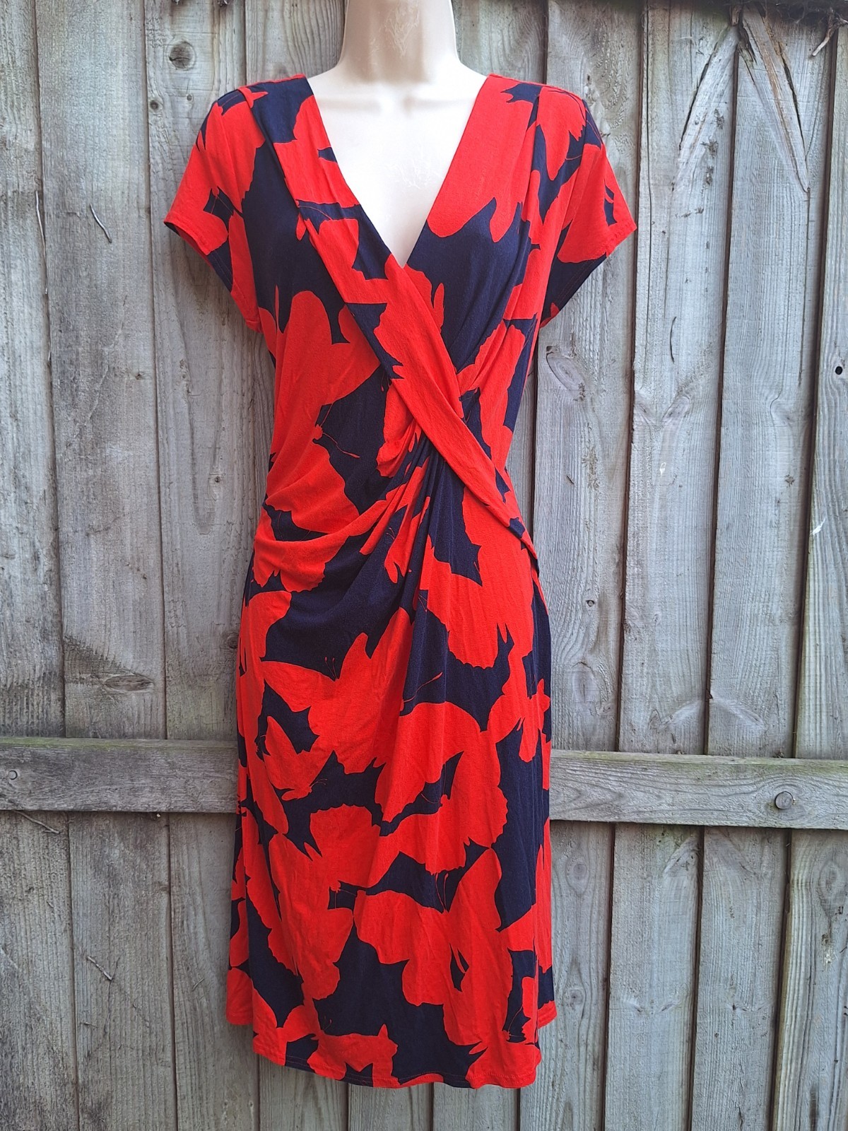 Phase Eight Ruched Red Navy Blue Summer Jersey Stretch Dress UK 16 EU 44 USA 12