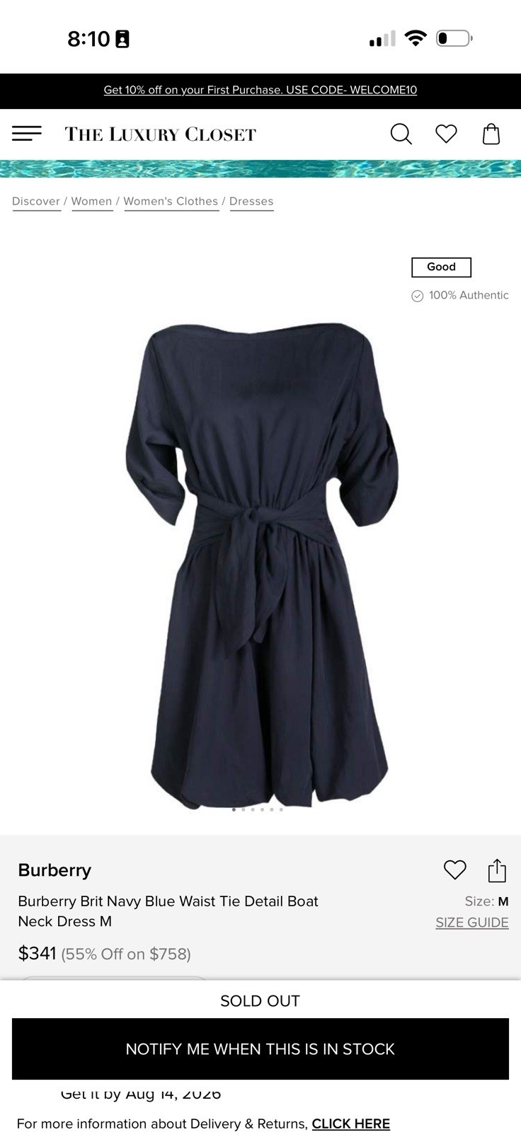 Burberry Brit Navy Solid Silk Wrap Dress Size 4 3/4 Sleeve Knee Length