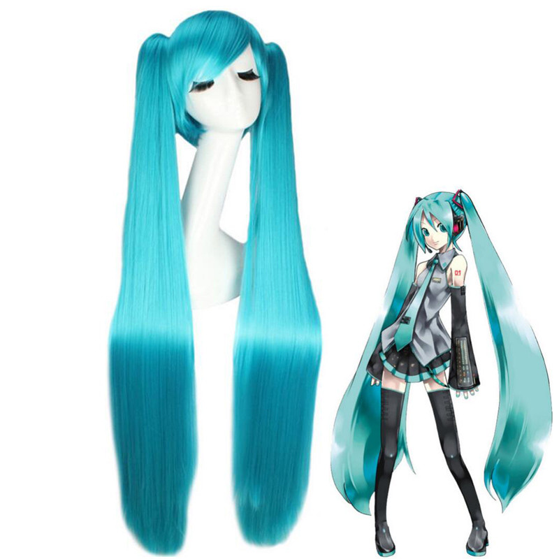 40″ Vocaloid Hatsune Miku Anime Costume Cosplay Wigs w/2 Ponytails Straight Hair