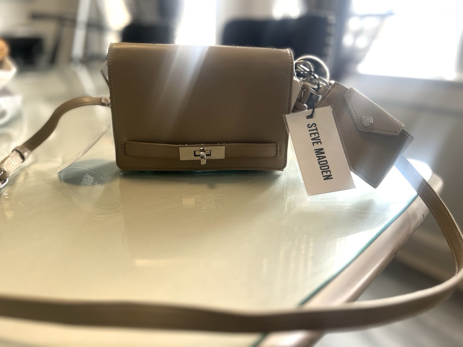 Steve Madden Beige Shoulder Bag with Turn Lock, Buckle Accent, Detachable Strap