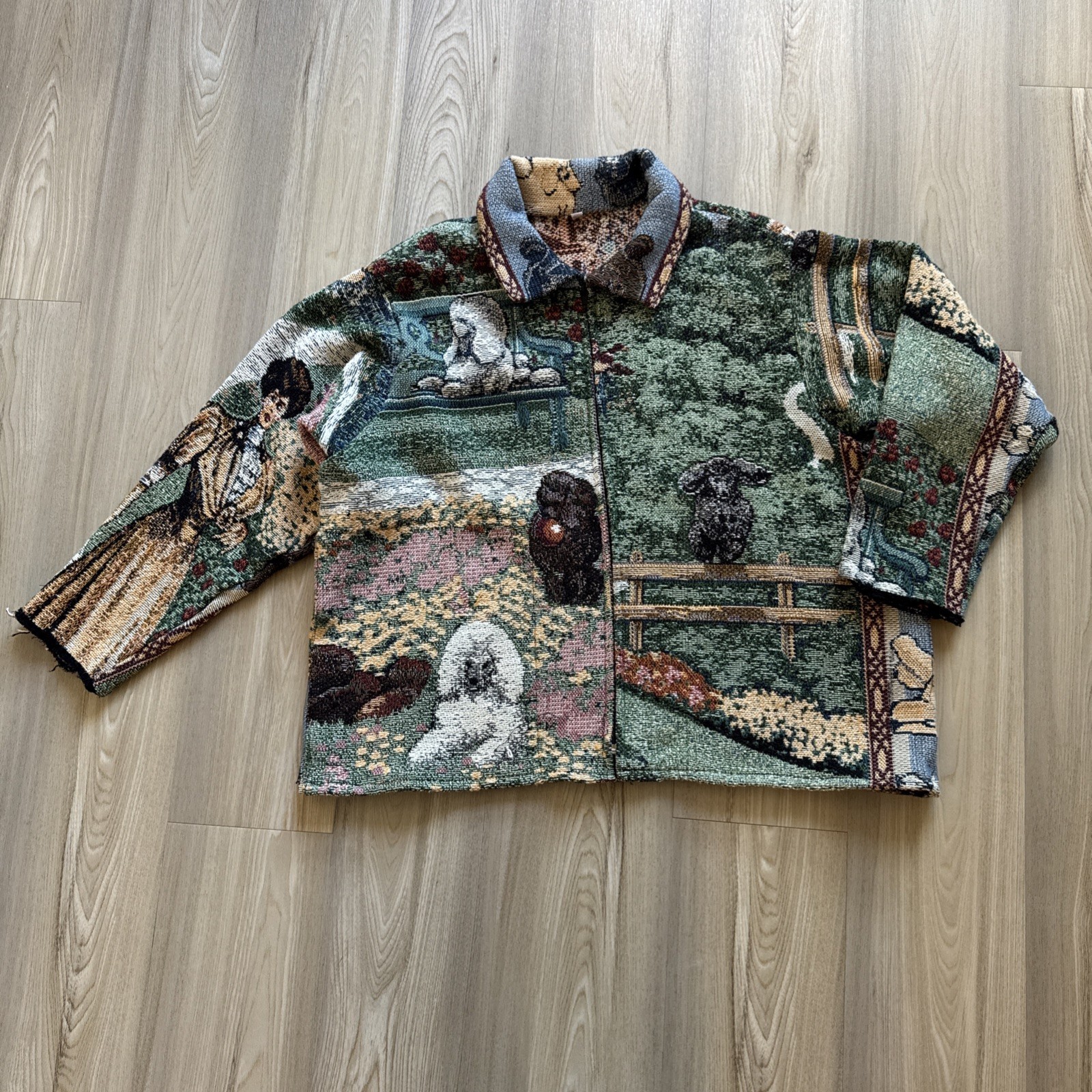 Vintage All Over Print Dog & Garden Stitched Cotton Bomber Jacket Men’s Medium