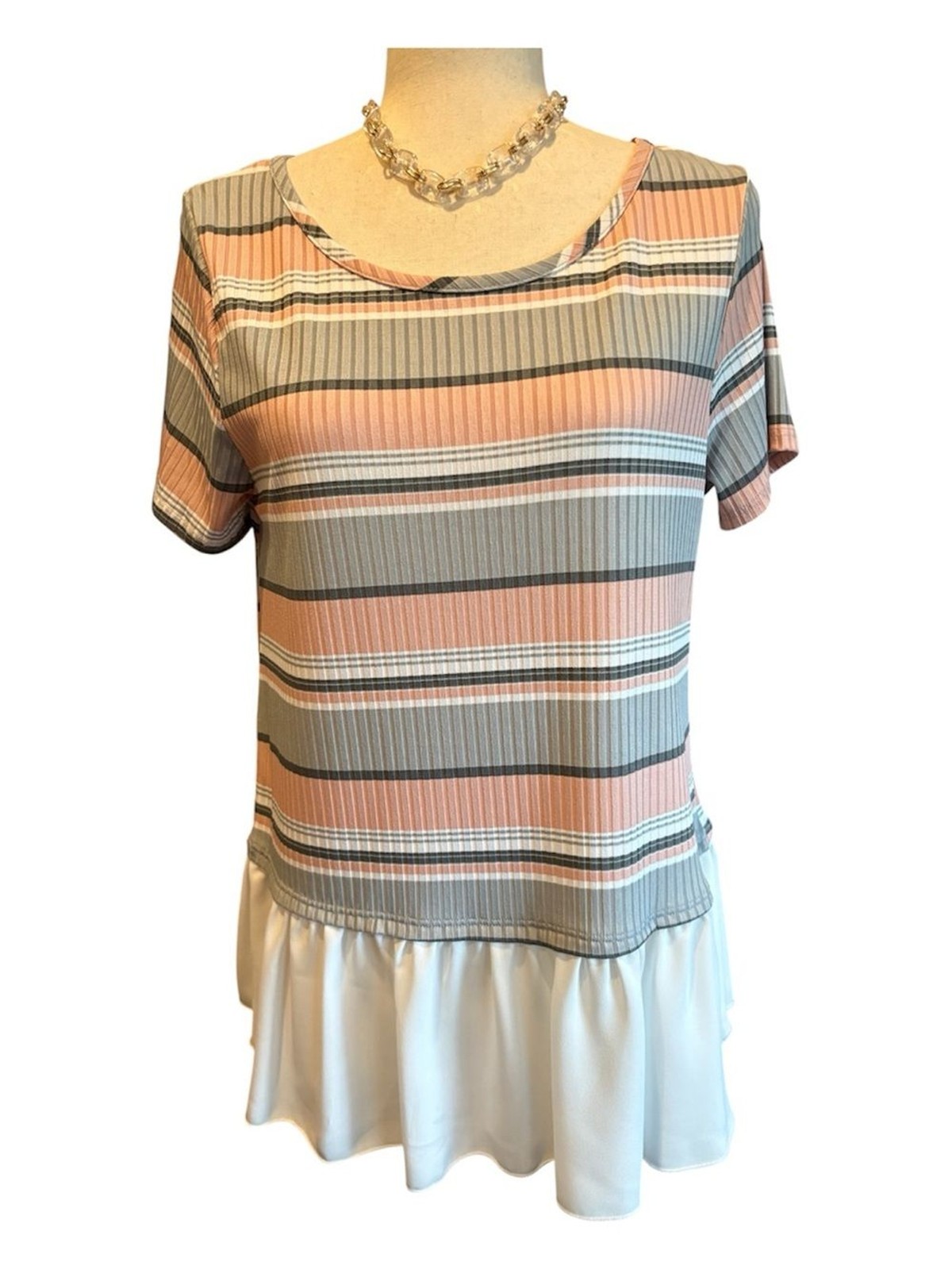 Pink & Gray Striped Ruffle-Hem Top Made in USA 🇺🇸