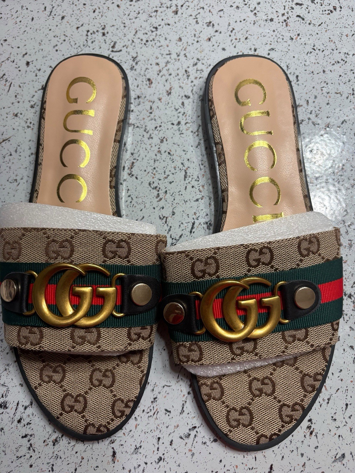 Gucci Men’s GG Monogram Web Stripe Leather Slide Sandals Beige US 6.5