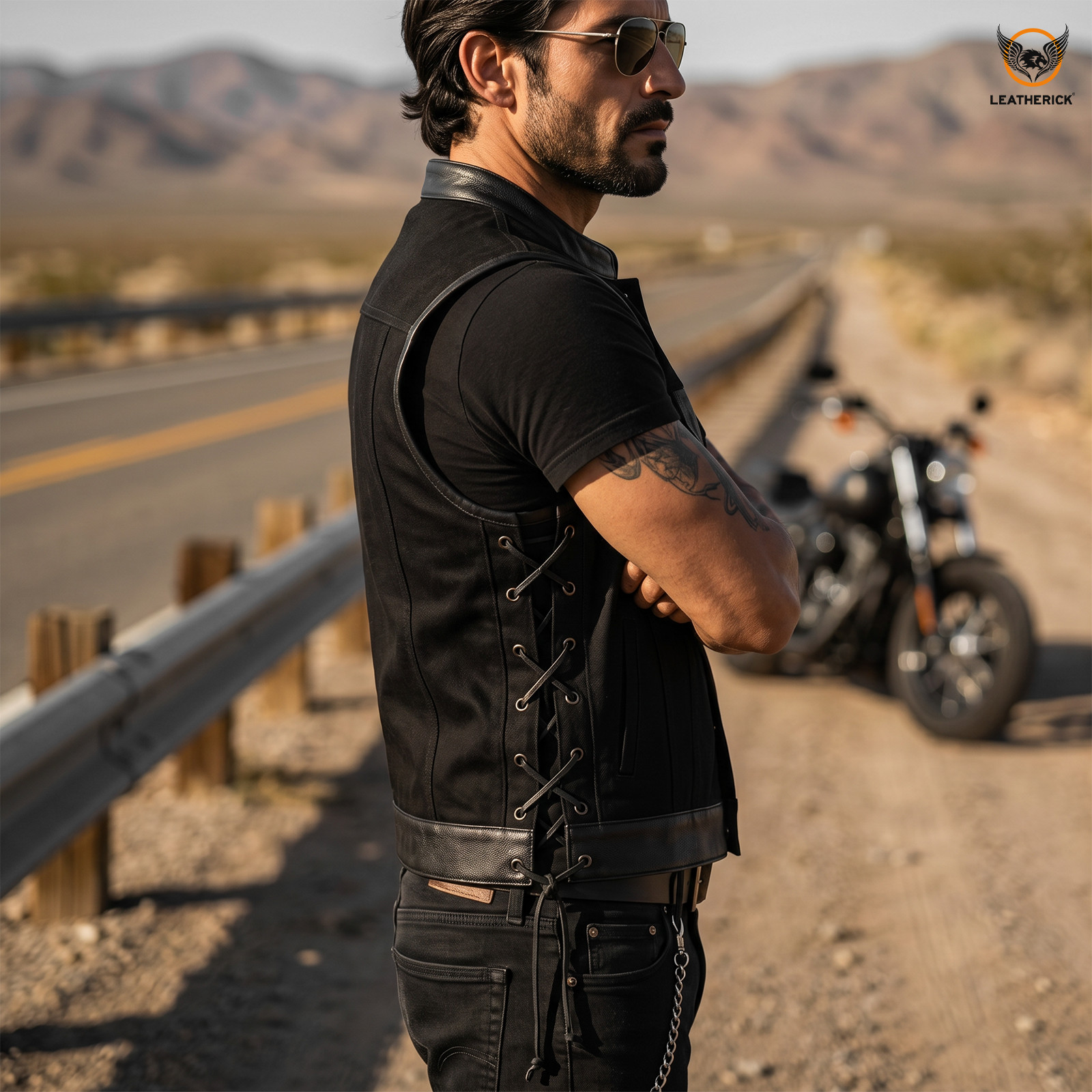 Leatherick Men’s SOA Black Denim Leather Vest Motorcycle Bikers Club Gun Pockets