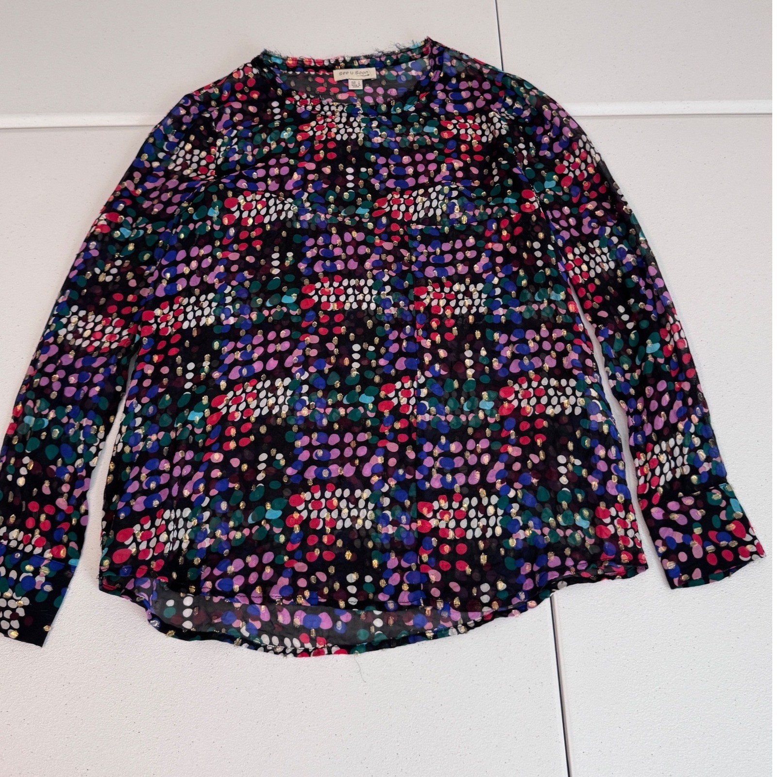 See U Soon 100% Silk Abstract Polka Dot Metallic Blouse Small gf