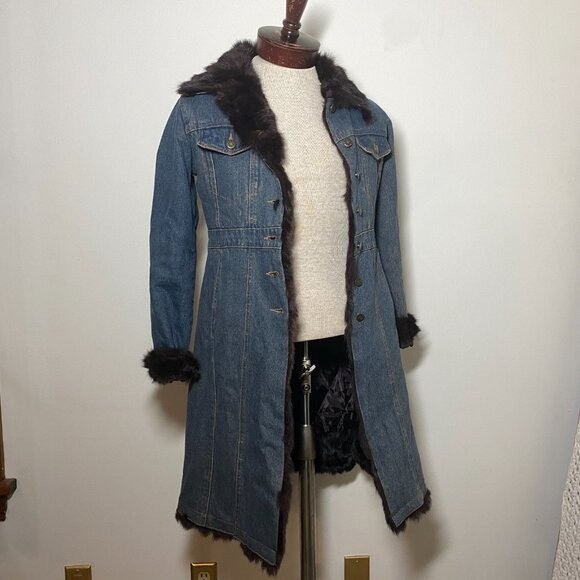Moda Mojo Denim Jacket Blue Rabbit Fur Trim Quilted Lining Longline Fits Sz S