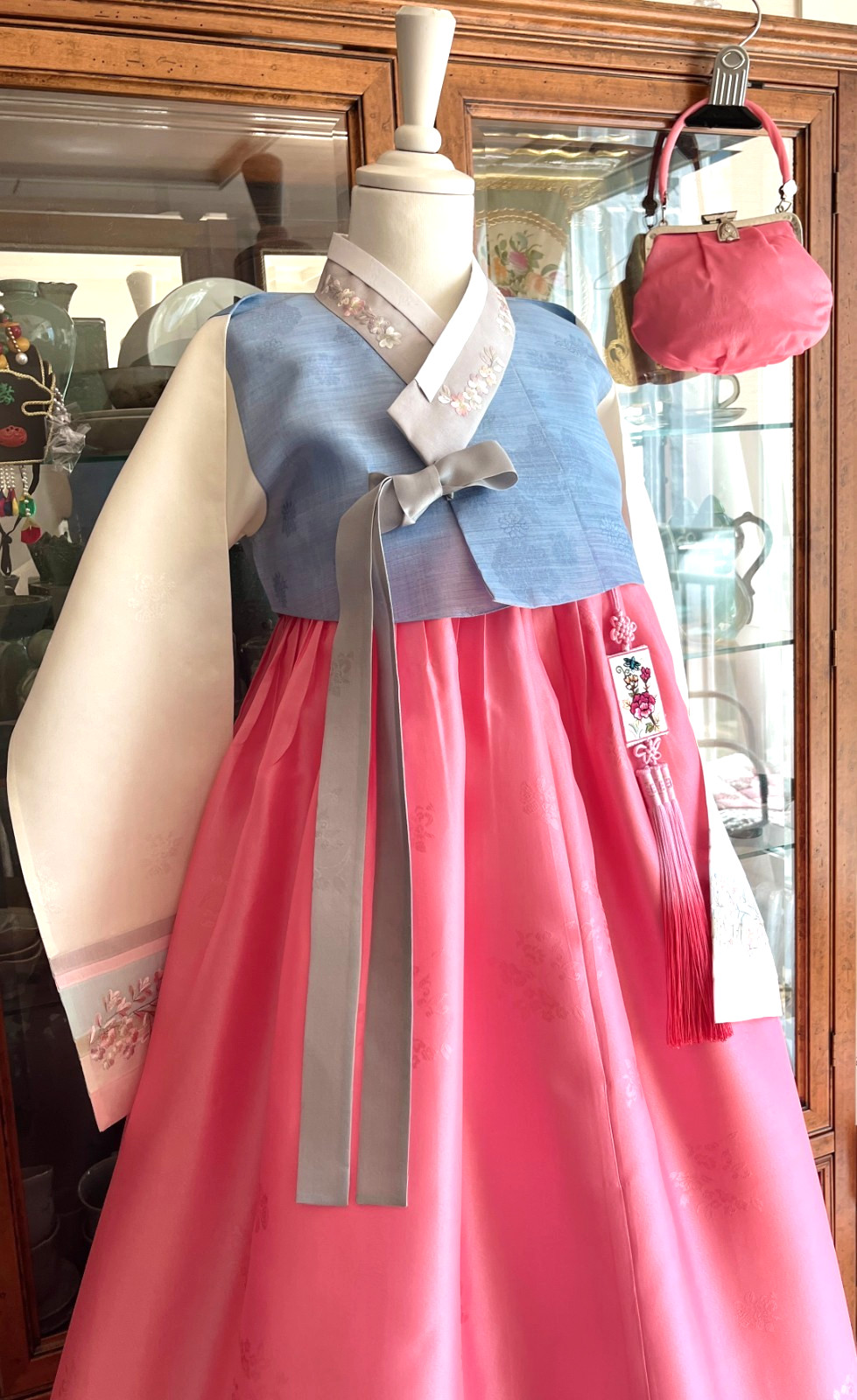 Premium Silk Traditional Korean Hanbok Dress–Light Blue & Pink/Hand bag / Junior