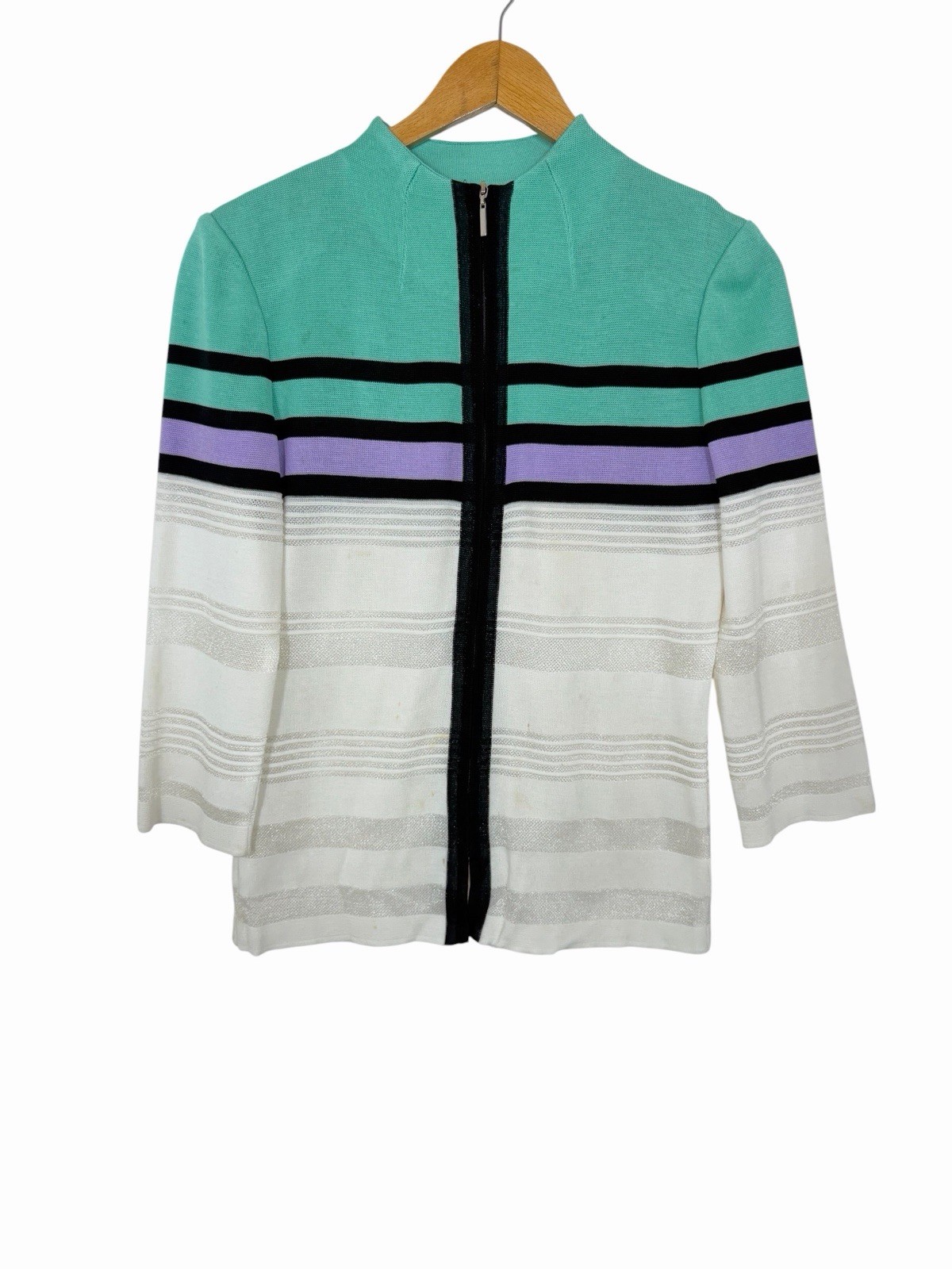Ming Wang Cardigan Jacket Size Medium Stripe White Black Purple Green 3/4 Sleeve