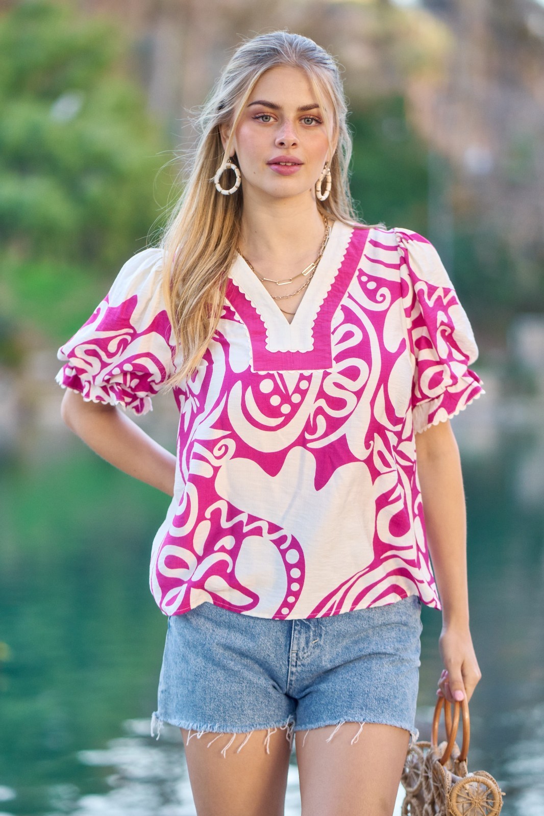 Gigio by Umgee Fushia Printed V-Neck Blouse w/Short Balloon Sleeve Ric Rac Trim