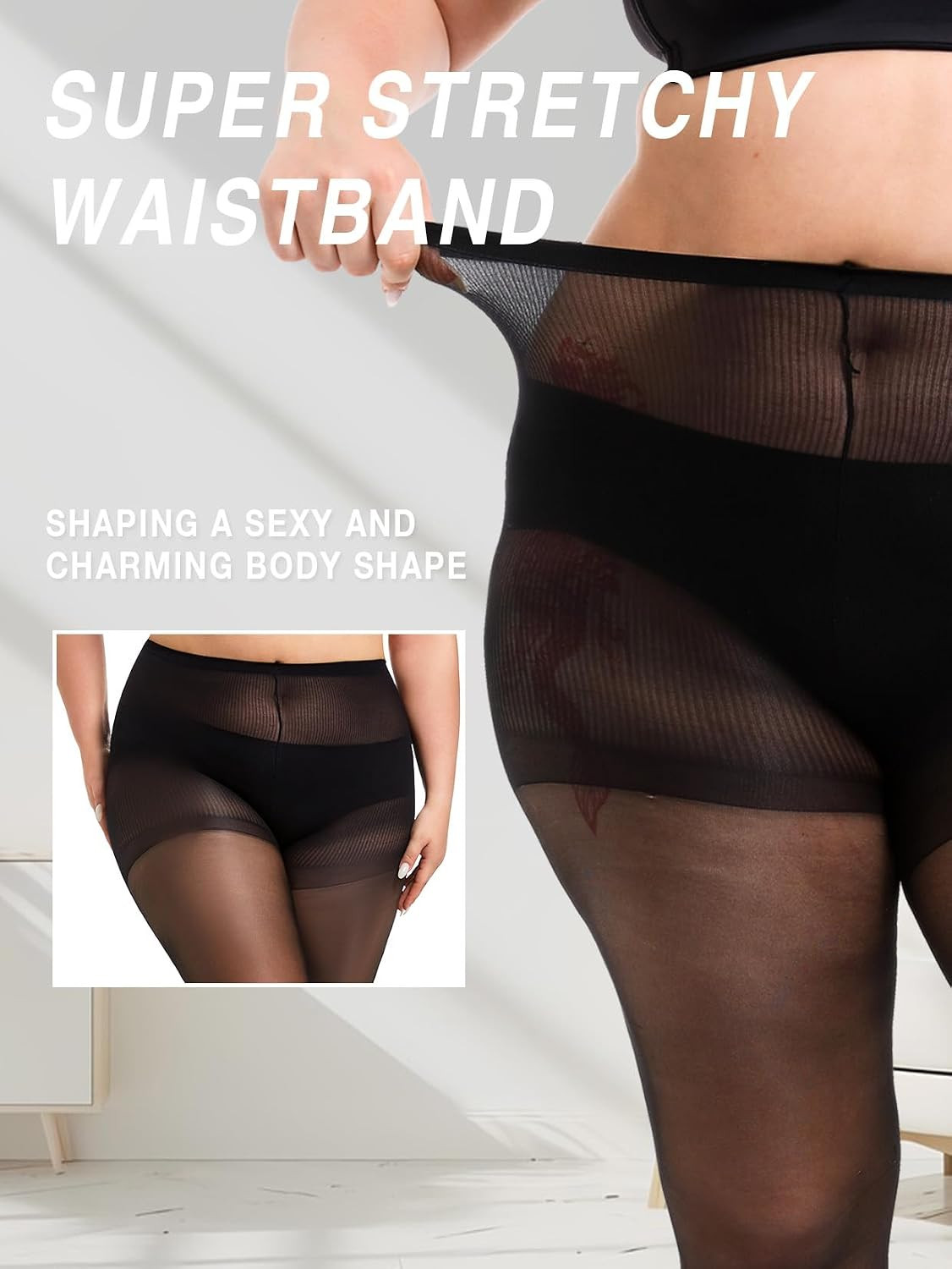 MERYLURE plus Size Sheer Tights for Women,20D Control Top Pantyhose Reinforced T