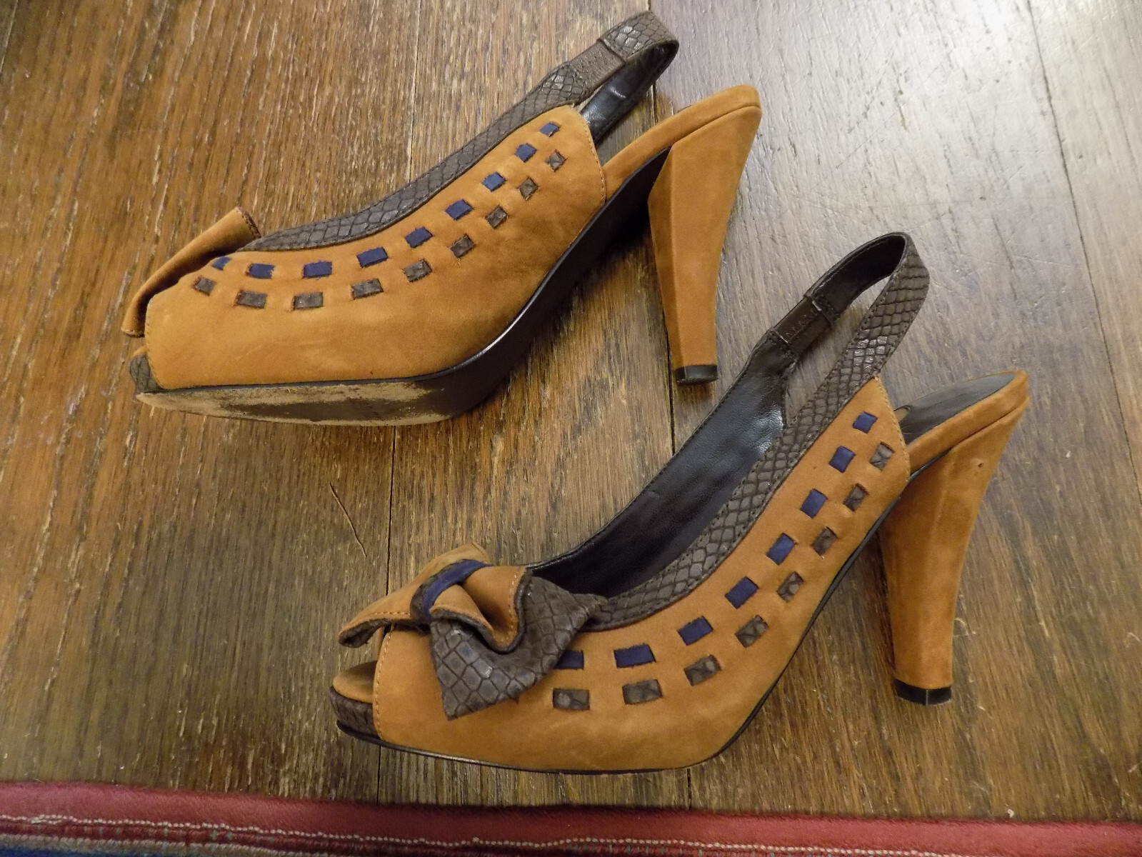 Jessica Bennett rust Brown Suede Pumps Slingback Peep Bow Toe Woven Snake sz 5.5