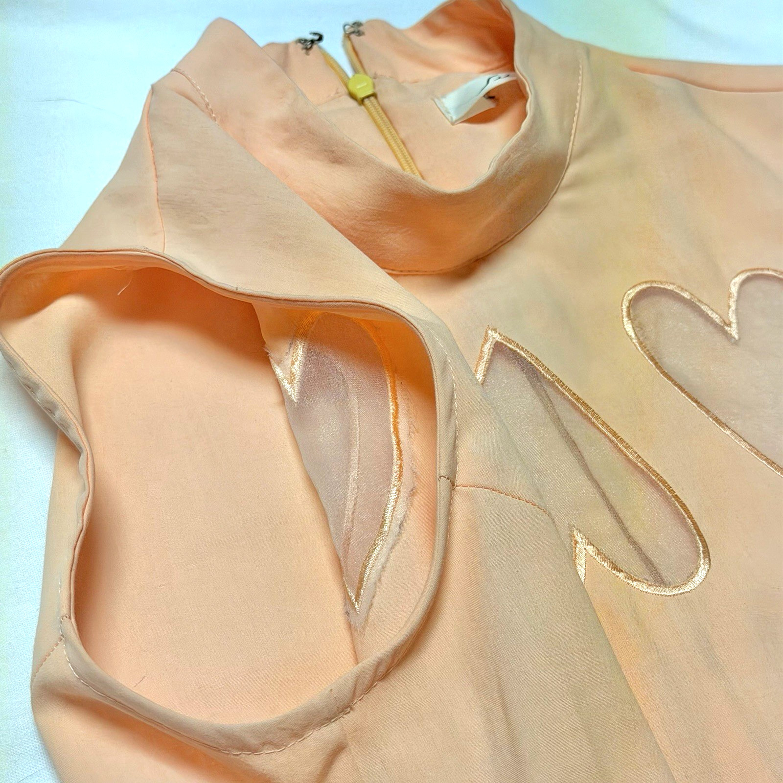 Vintage 90s Seize Sleeveless Mock Neck Top Salmon Pink Heart Cutout Sheer S Y2K