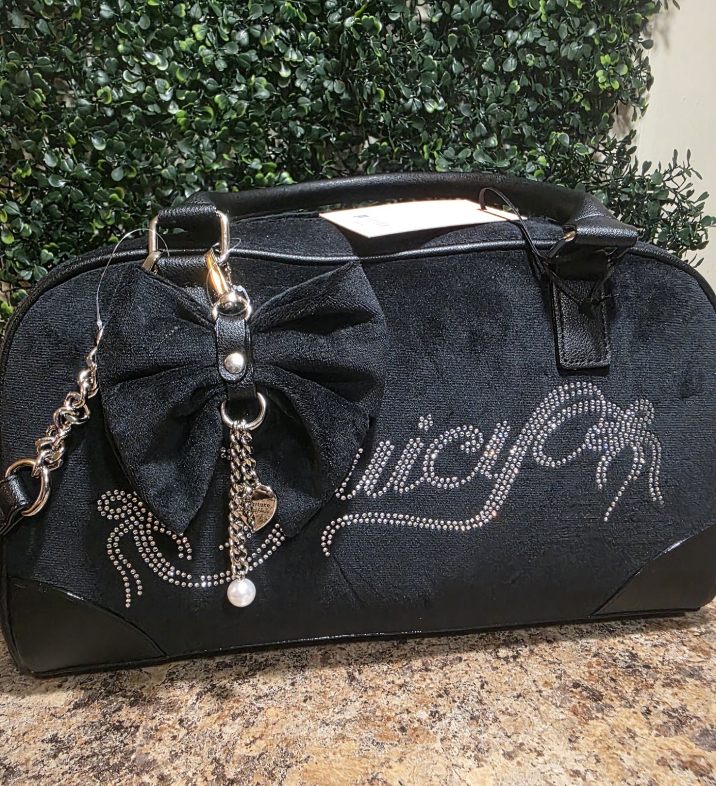 Juicy Couture Black Satchel Bow Charm Chain Strap Logo Accents Zip Closure