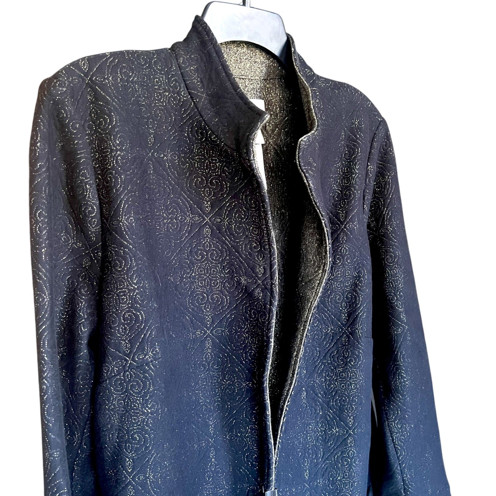 Chico’s Women’s Size 3-XL Open Front Longline Duster Jacket Black Gold Metallic