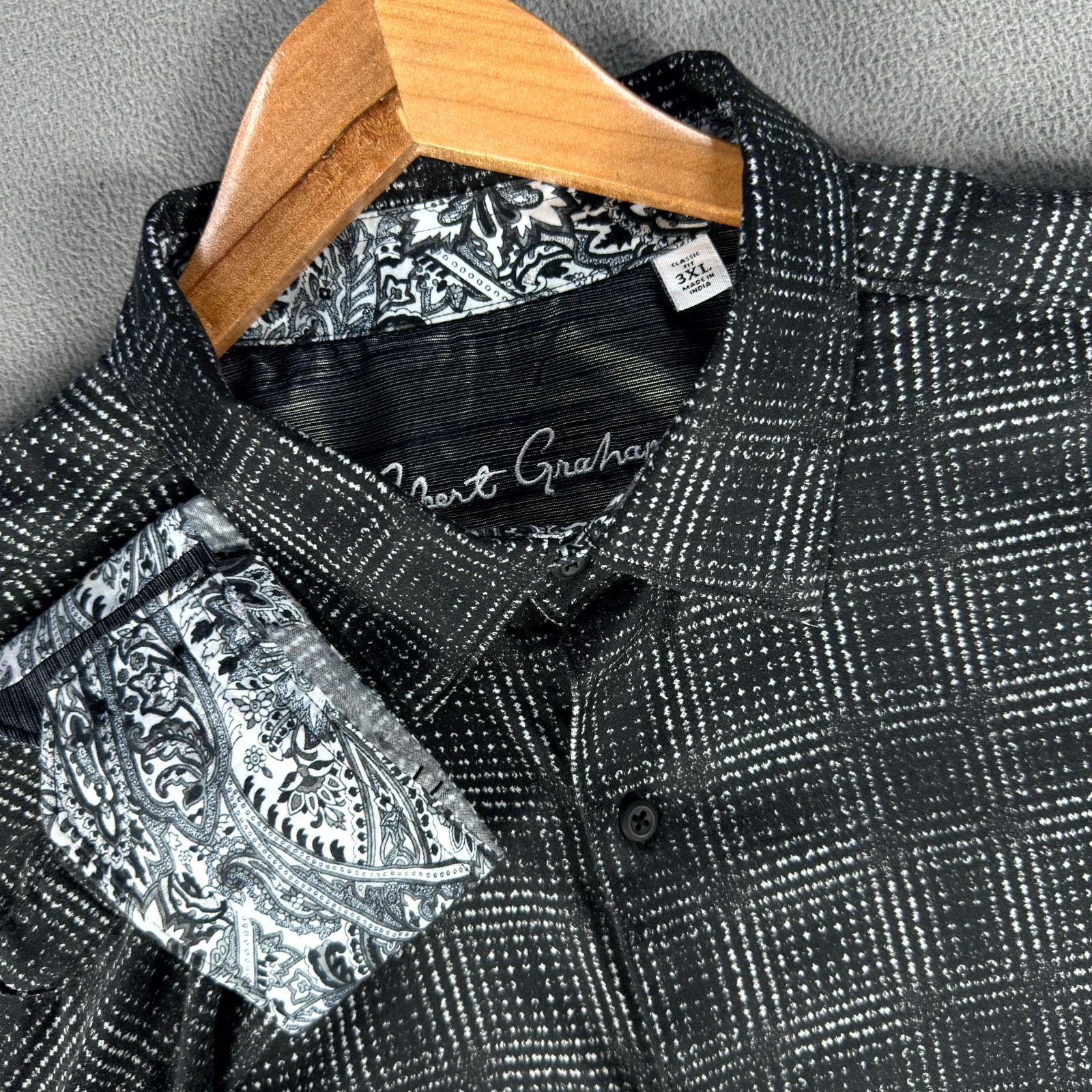 Robert Graham Shirt Mens 3XL Black Grid Abstract Classic Paisley Flip Cuff Goth