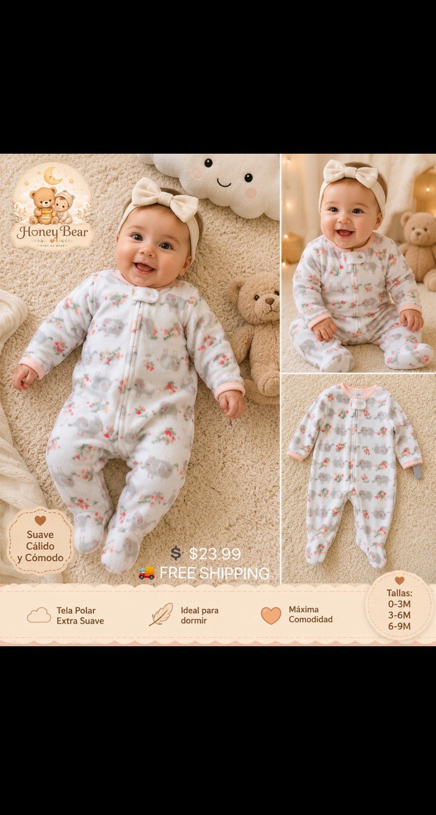 Honey Bear Footed Fleece Zip One-Piece Sleeper Elephant Floral 0-9 Months