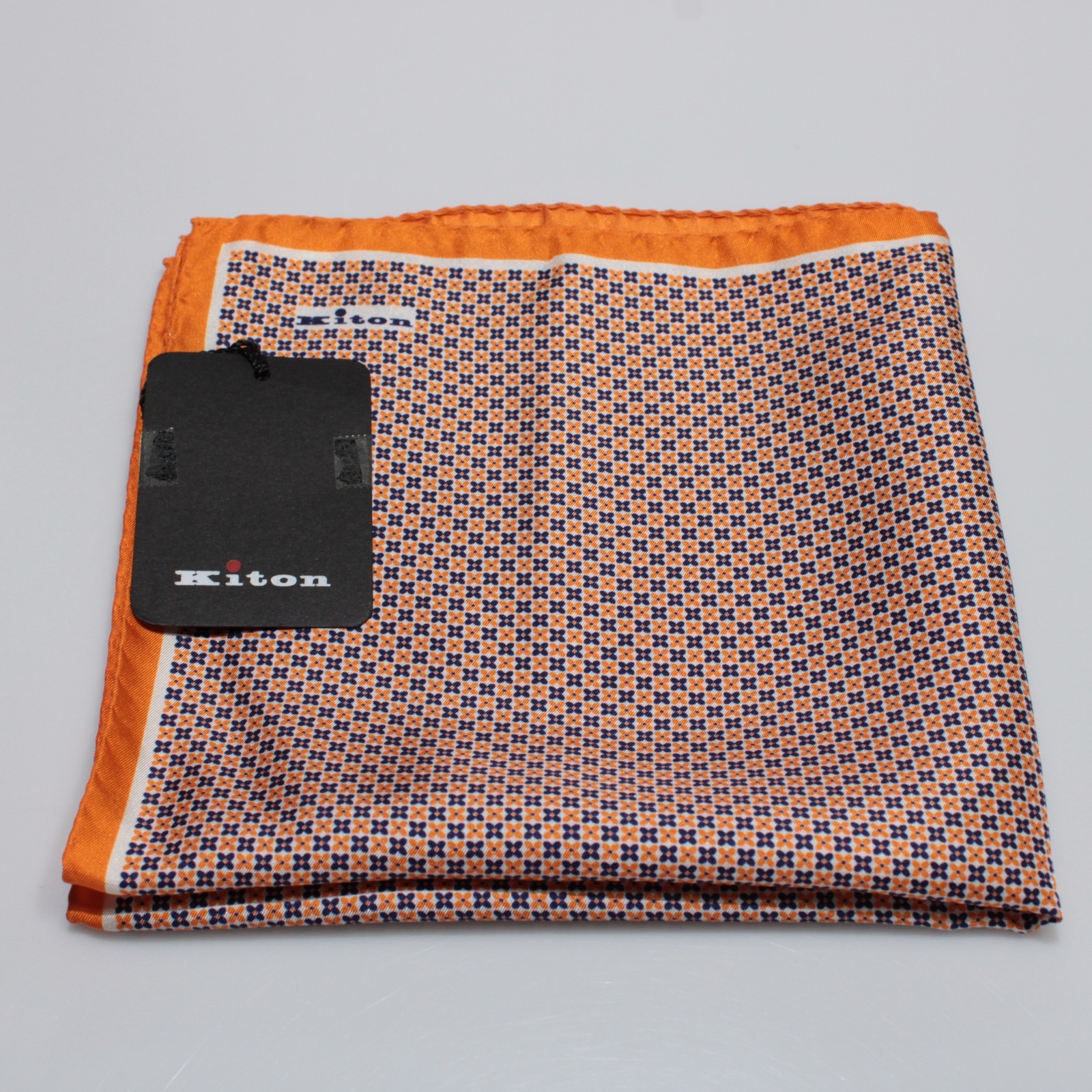 Kiton NWT 100% Silk Pocket Square In Orange & Blue Geometric Print Made in Italy