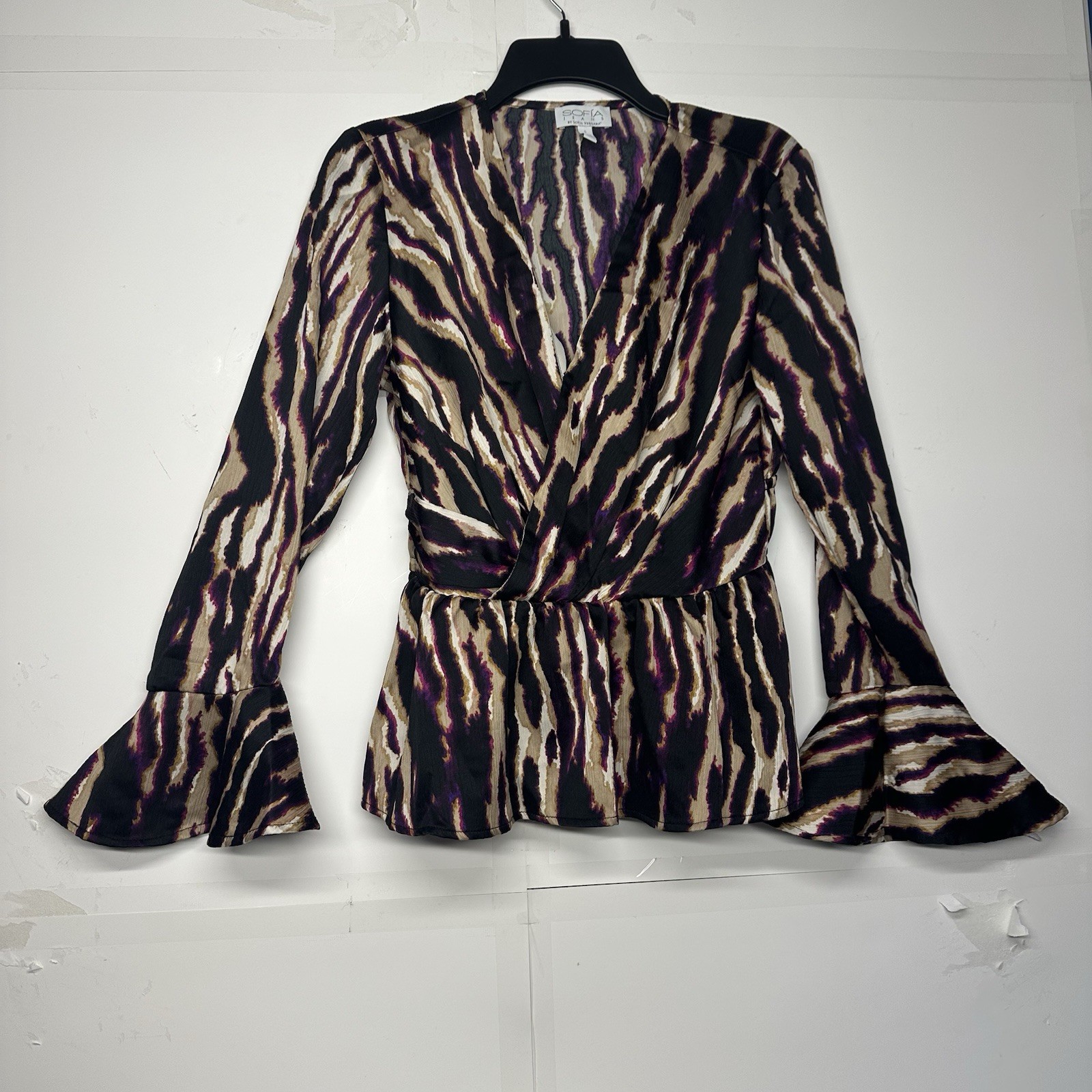 Sophia Vergara Blouse Top Drape Knot Women’s Size Small Animal Print Long Sleeve
