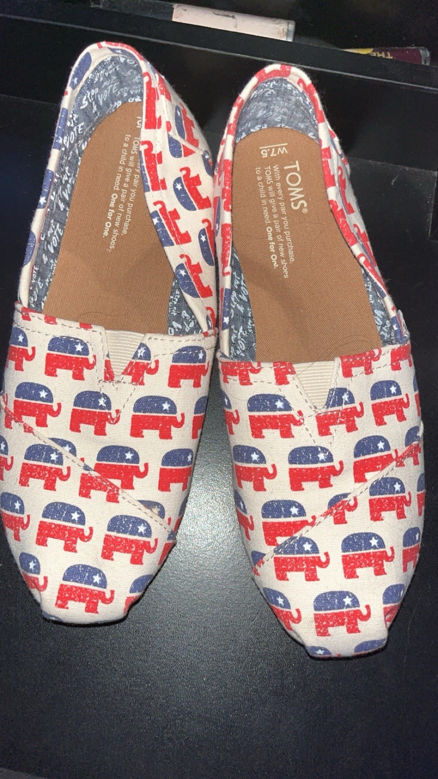 TOMS Women’s Canvas Slip-On Flats Elephant Animal Print Red/White/Blue US 7.5