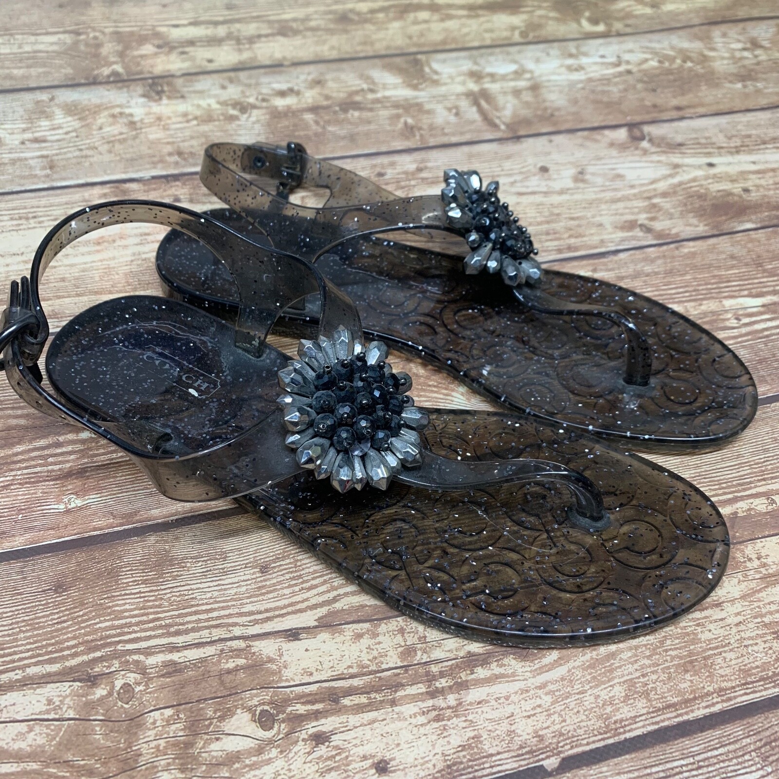 Coach Sandal Women’s Size 8B Black Jelly Hilda Beaded Thong Flat Slingback A8071