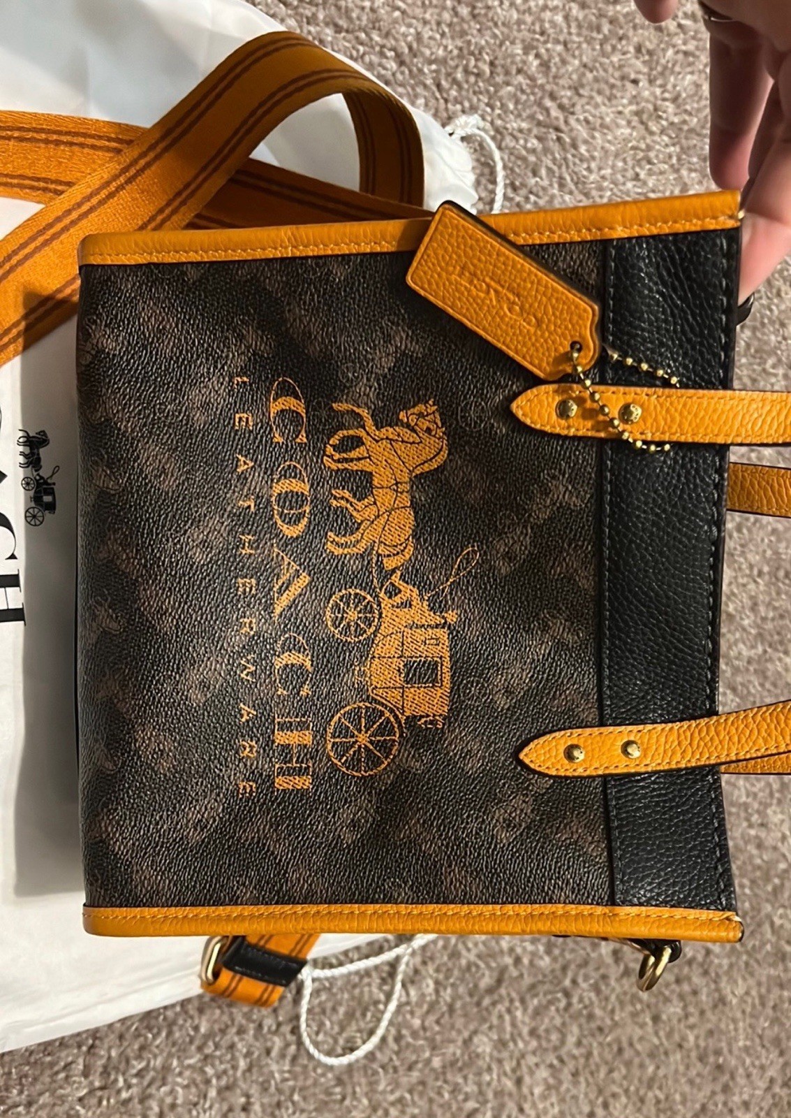 Coach Small Tote Bag Brown/Black/Orange w Detachable Strap Dust Bag Snap