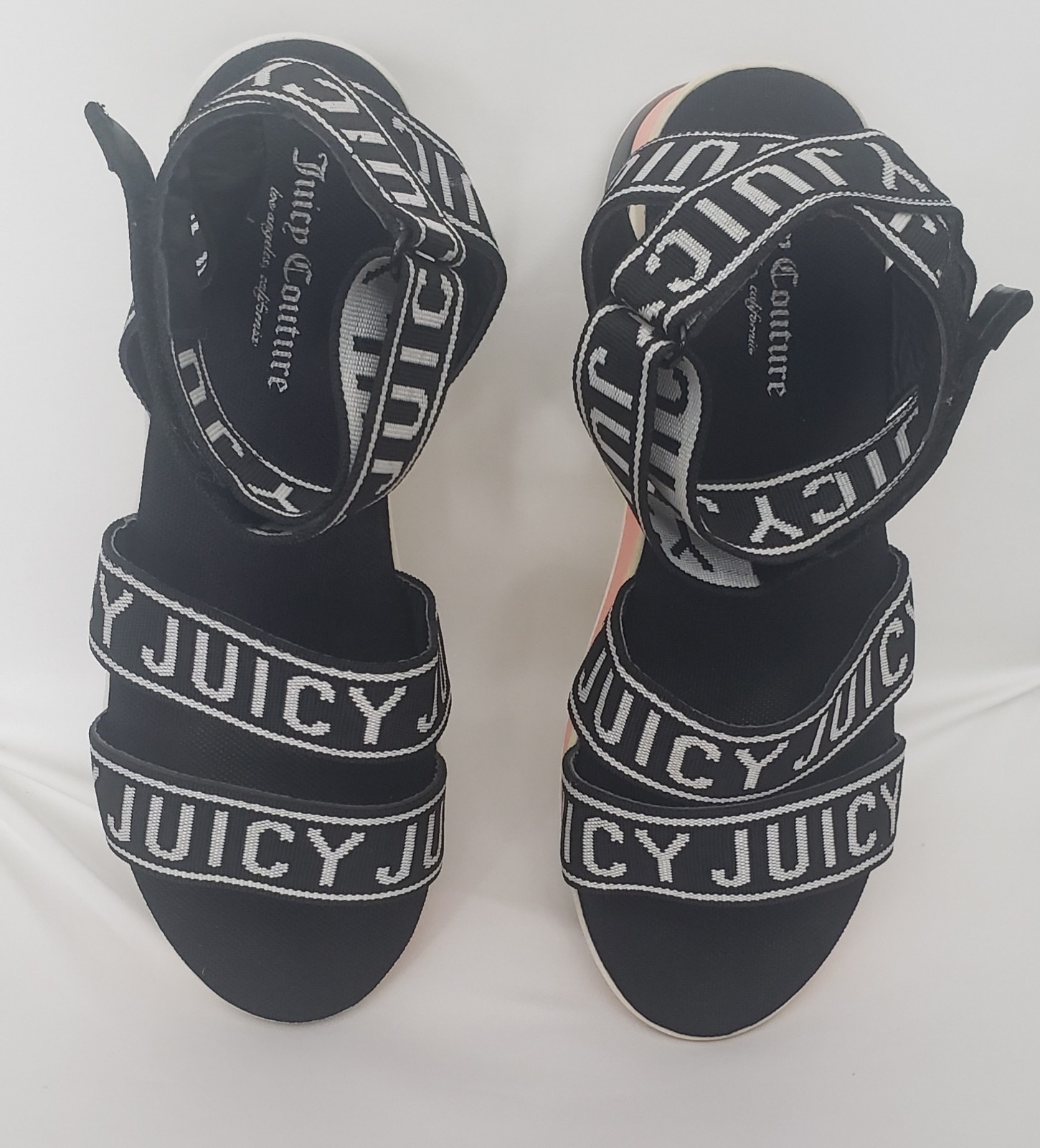 Juicy Couture Impulse Printed Logo Sandals Black/White/Beige/Pink Size 8.5