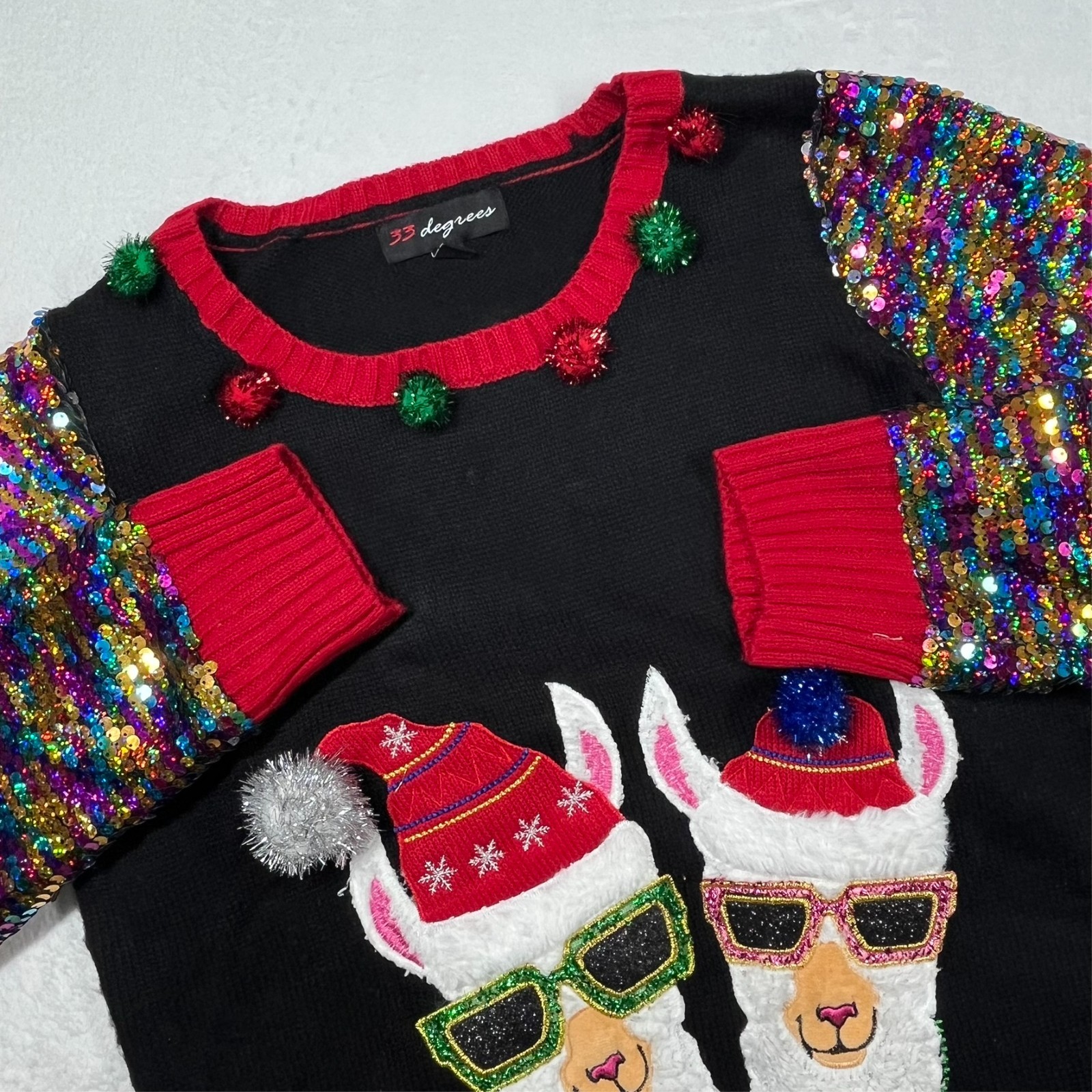 33 Degrees Ugly Christmas Sweater Women’s L Sequins Pom Pom Tinsel Holiday Party