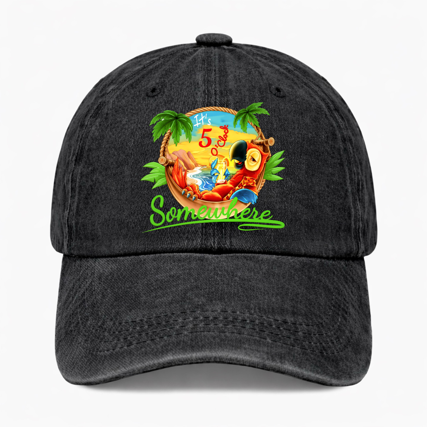 Funny Beach Vacation Parrot Hat It’s 5 O’Clock Somewhere Tropical Baseball Cap