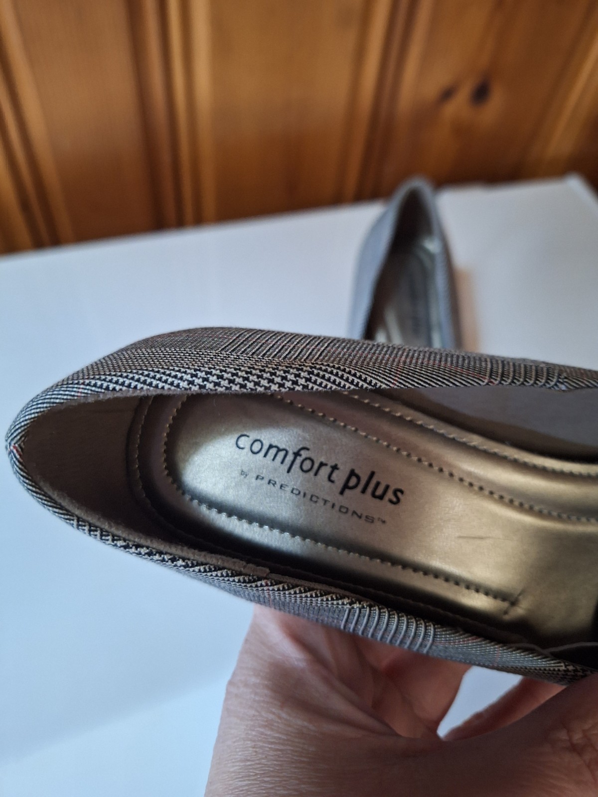 Comfort Plus Predictions Shoes Heel Gray Black Plaid 8W Pump Slip 3″ Flexible