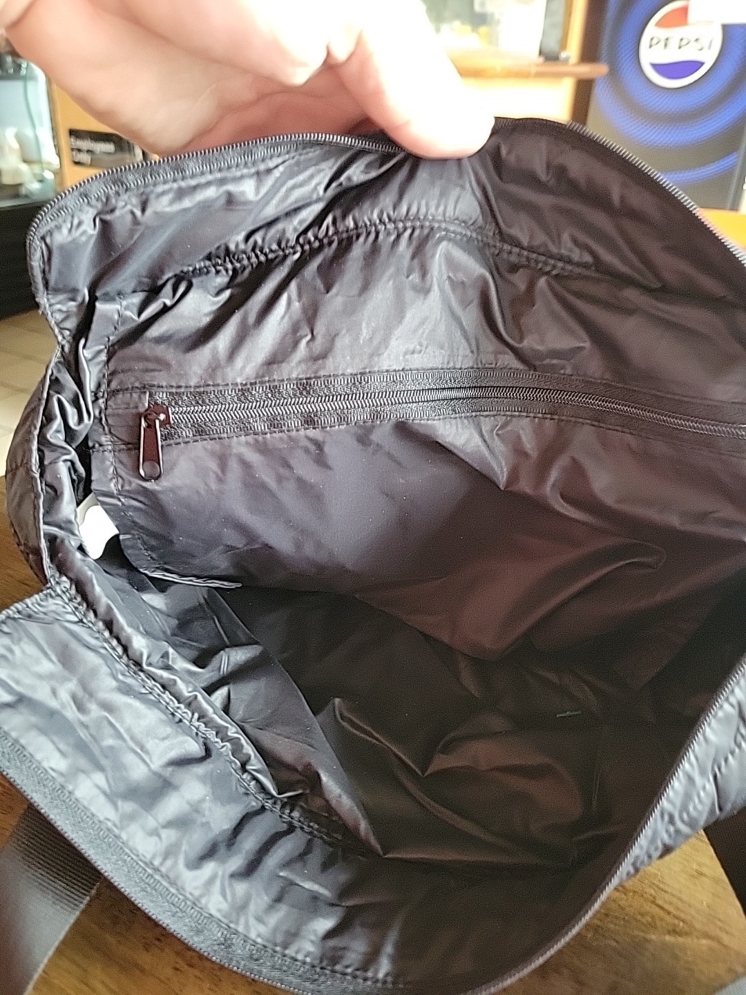 Logo Quilted Nylon Tote Black With Zipper Pocket Shopping Carry Handles K