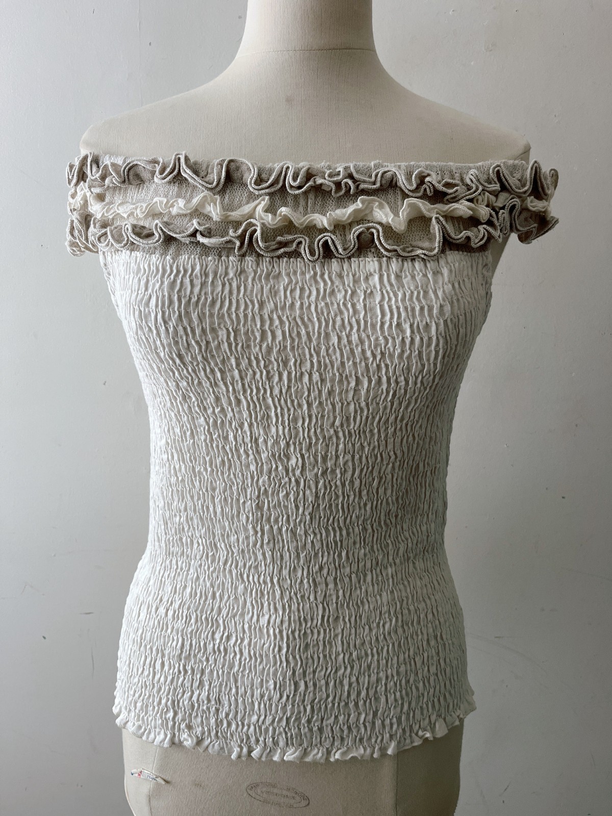 Vintage Mastro Moda Cream Linen Smocked Ruffle Tube Top Cottagecore Milkmaid