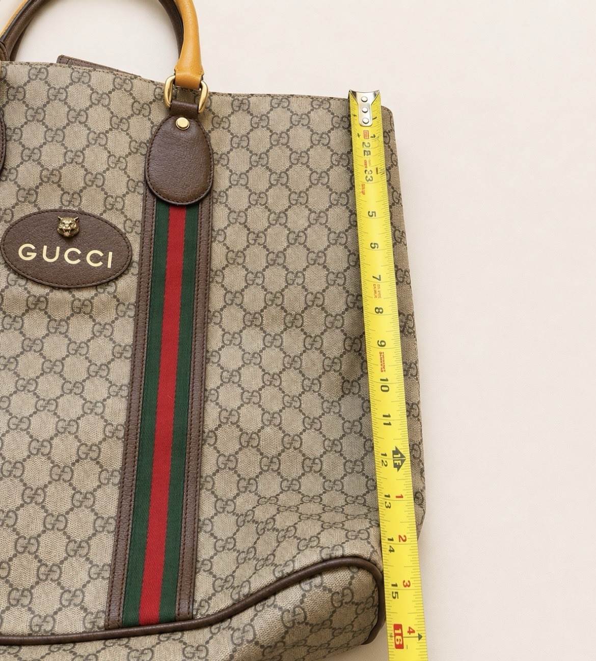 Gucci GG Pattern Web Stripe Tote Bag Zip Top Handle Beige Brown Gold